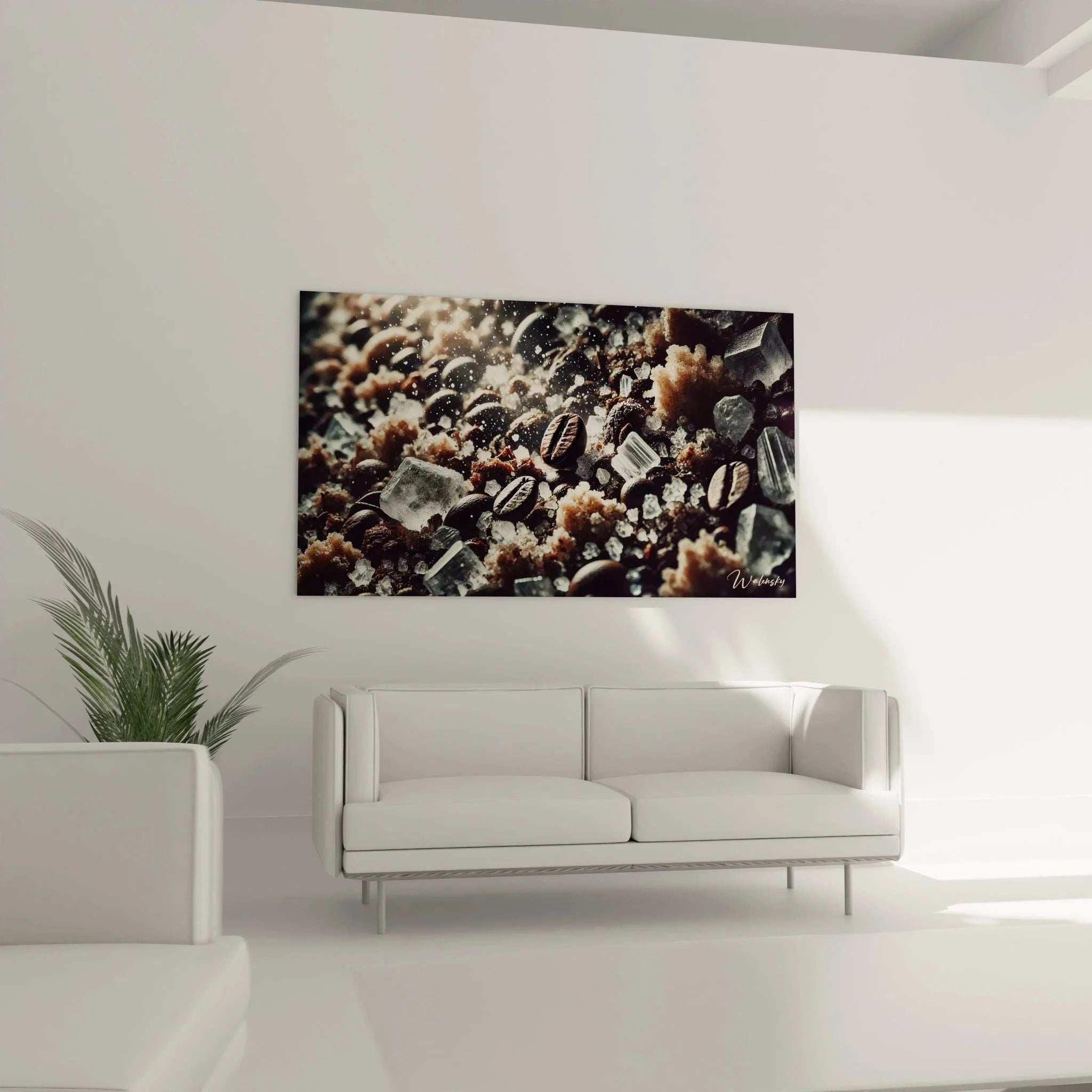 Detailaufnahme geröstete Kaffeebohnen zwischen funkelnden Eiskristallen für Wandbild Kaffee Küche