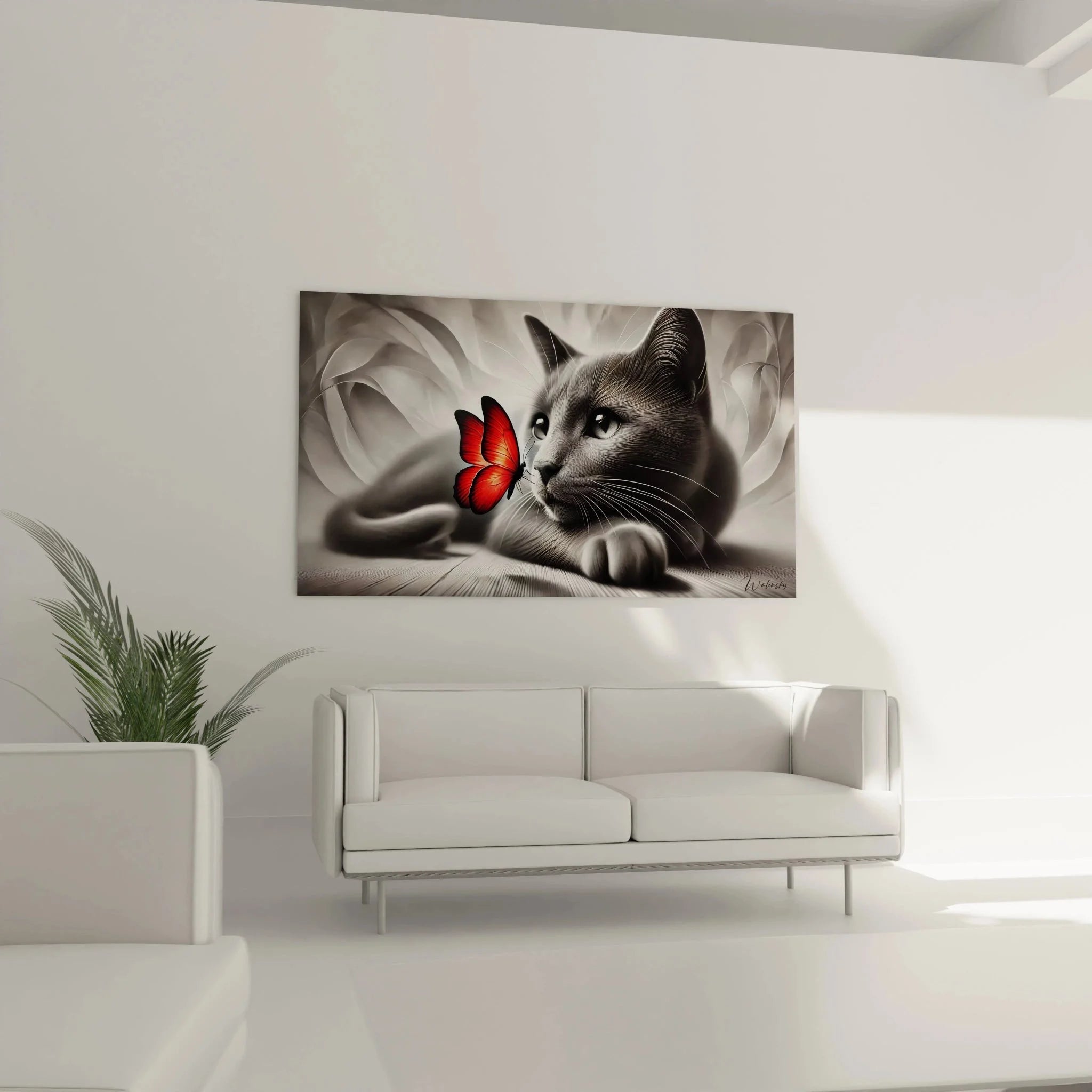 Nahaufnahme Wandbild Katze roter Schmetterling, detailreiche Katzen Wanddeko in Grautönen