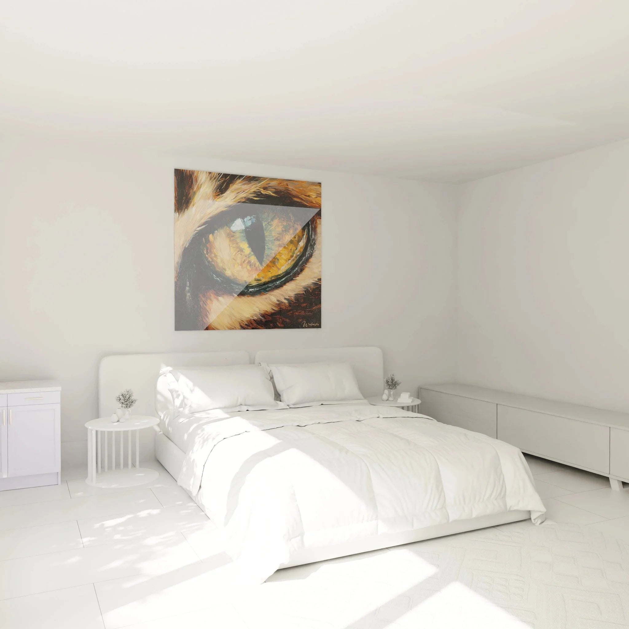 Katzenauge Wanddeko im Schlafzimmer - Tierauge Wandbild als stilvolle Raumdekoration