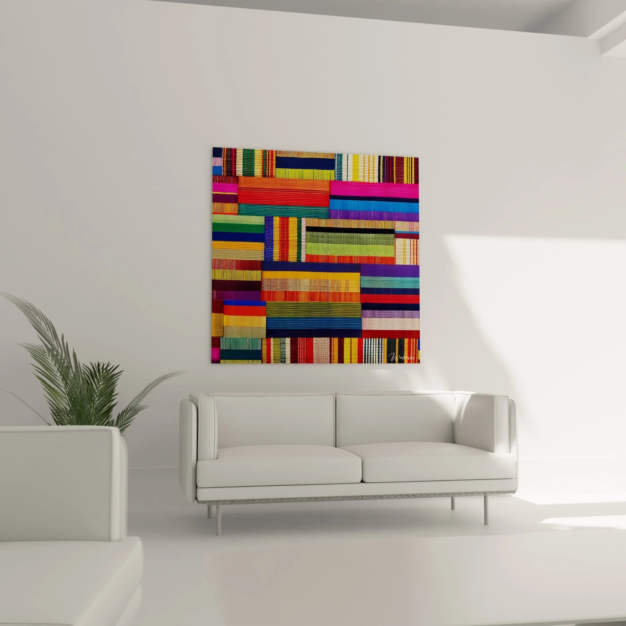 Detailansicht Kente Stoffmuster mit handgewebten Strukturen und traditionellen Farben aus Westafrika