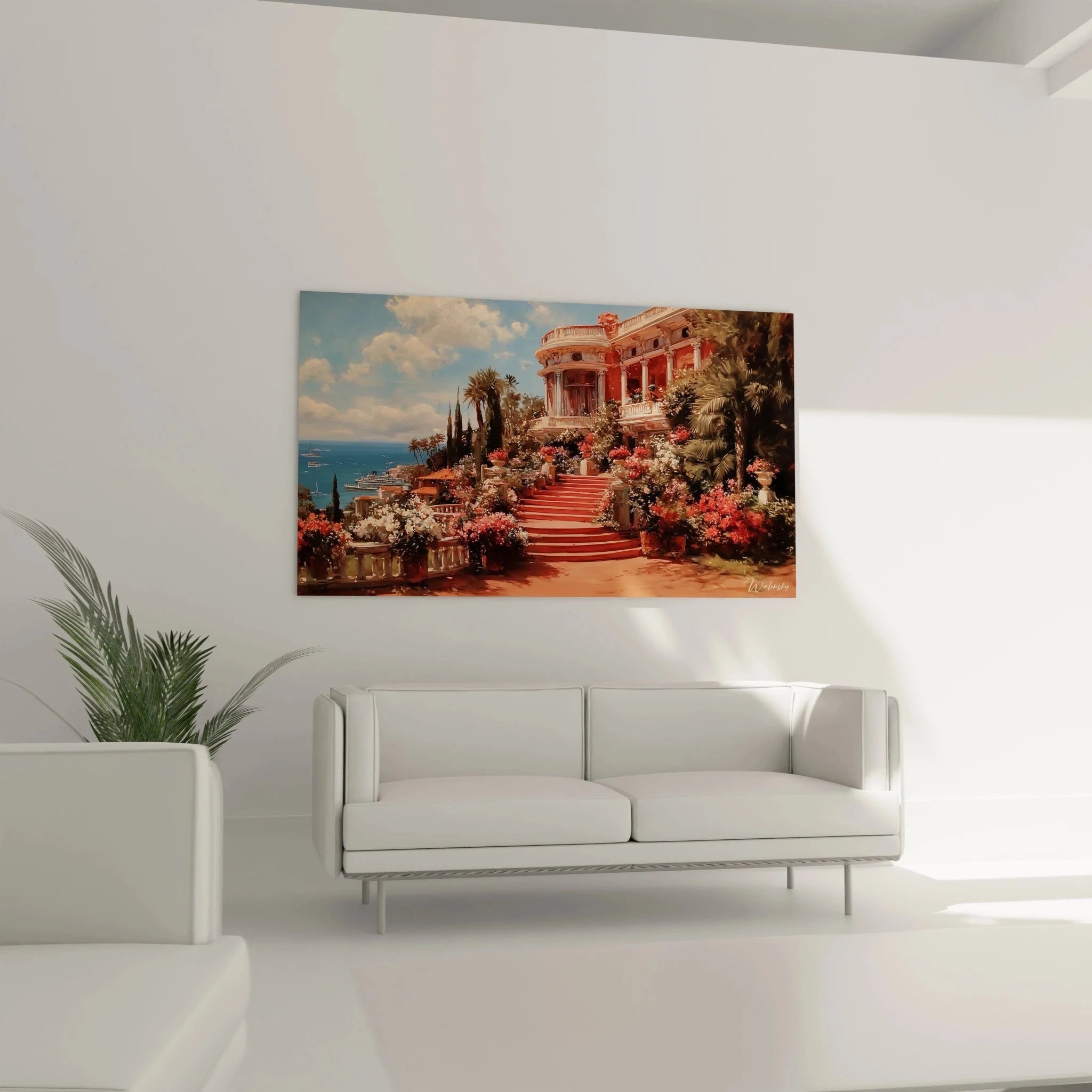 Detailansicht klassizistische Villa Wandbild - mediterrane Architektur mit Säulen und Blumentreppe