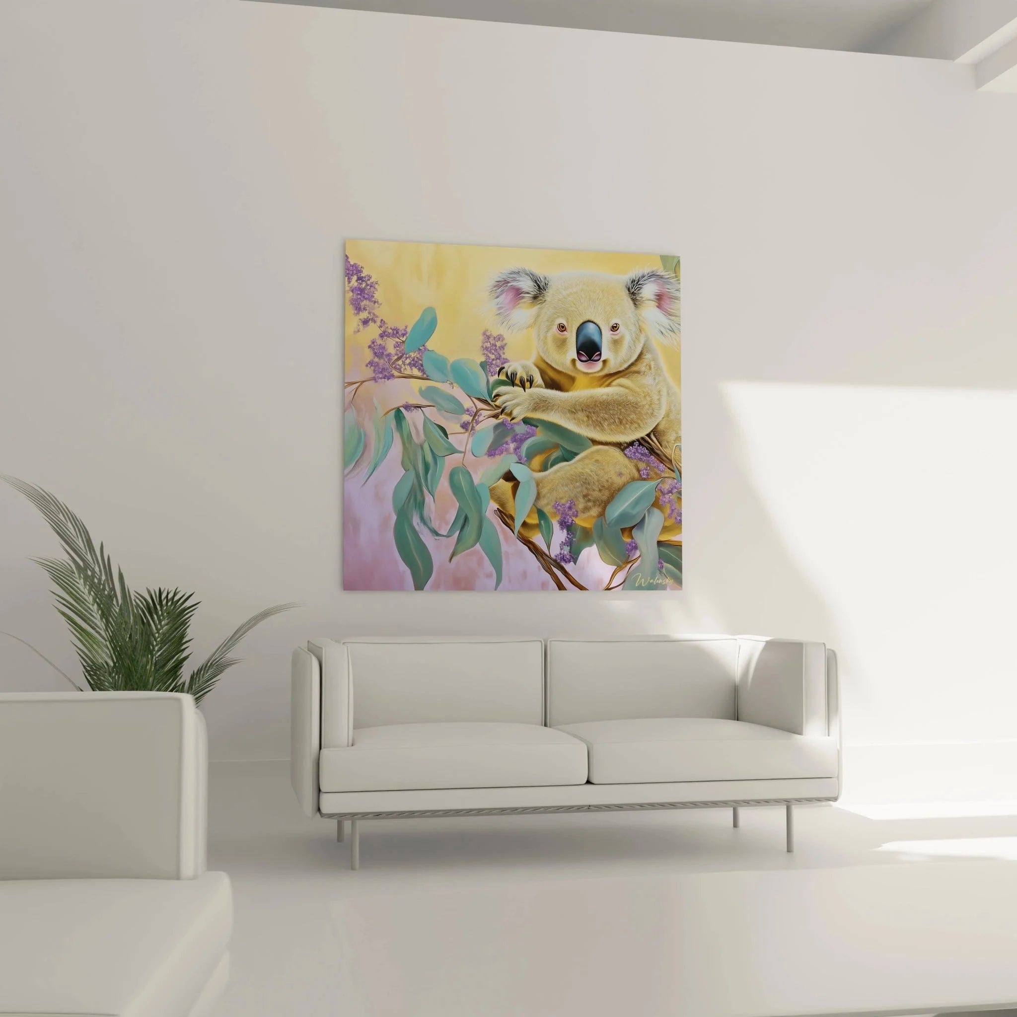 Detailansicht Koala Kunstdruck, realistische Darstellung von Koalafell und Eukalyptusblättern