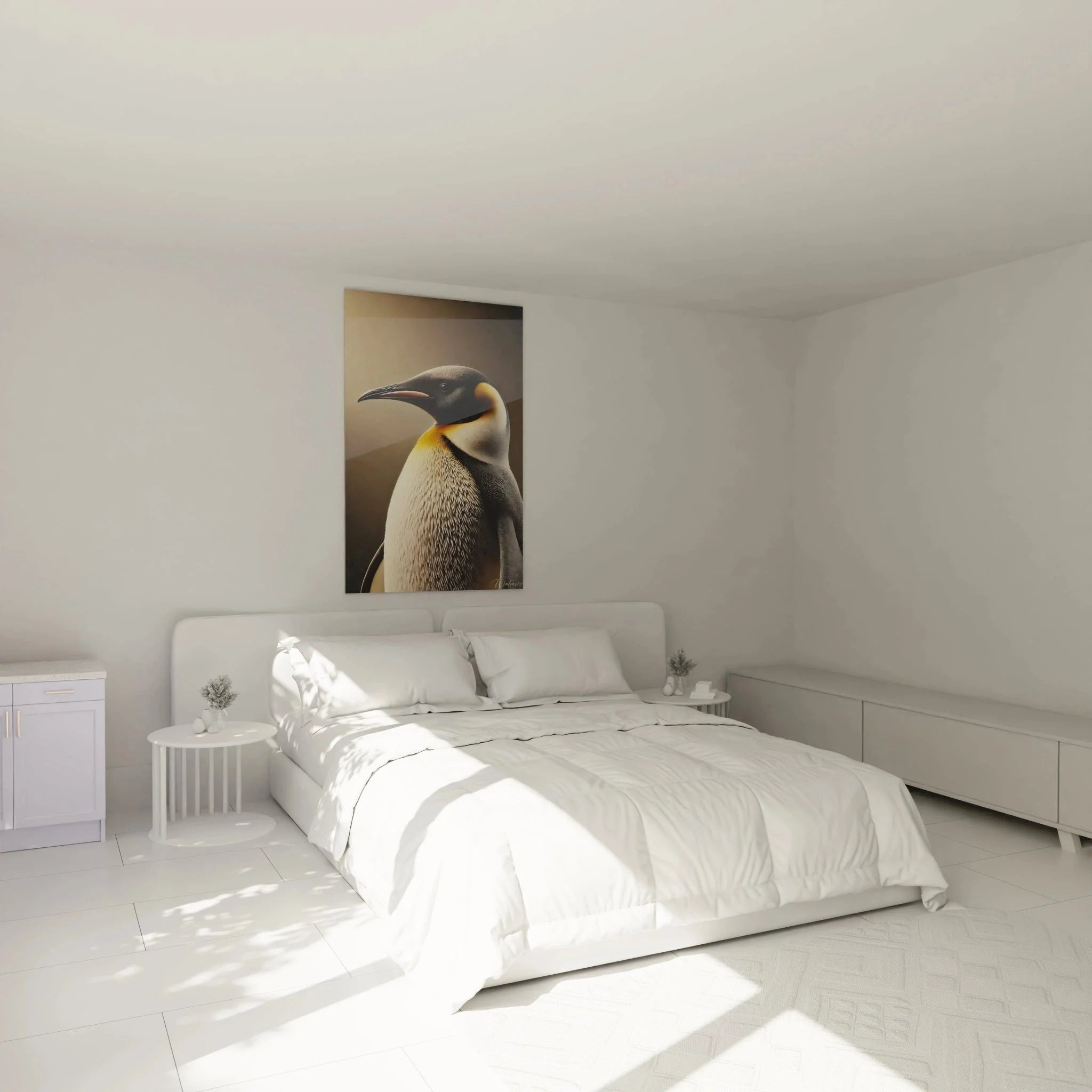 Königspinguin Wandbild XXL in modernem Schlafzimmer - Antarktis Tiermotiv als stilvolle Wanddekoration