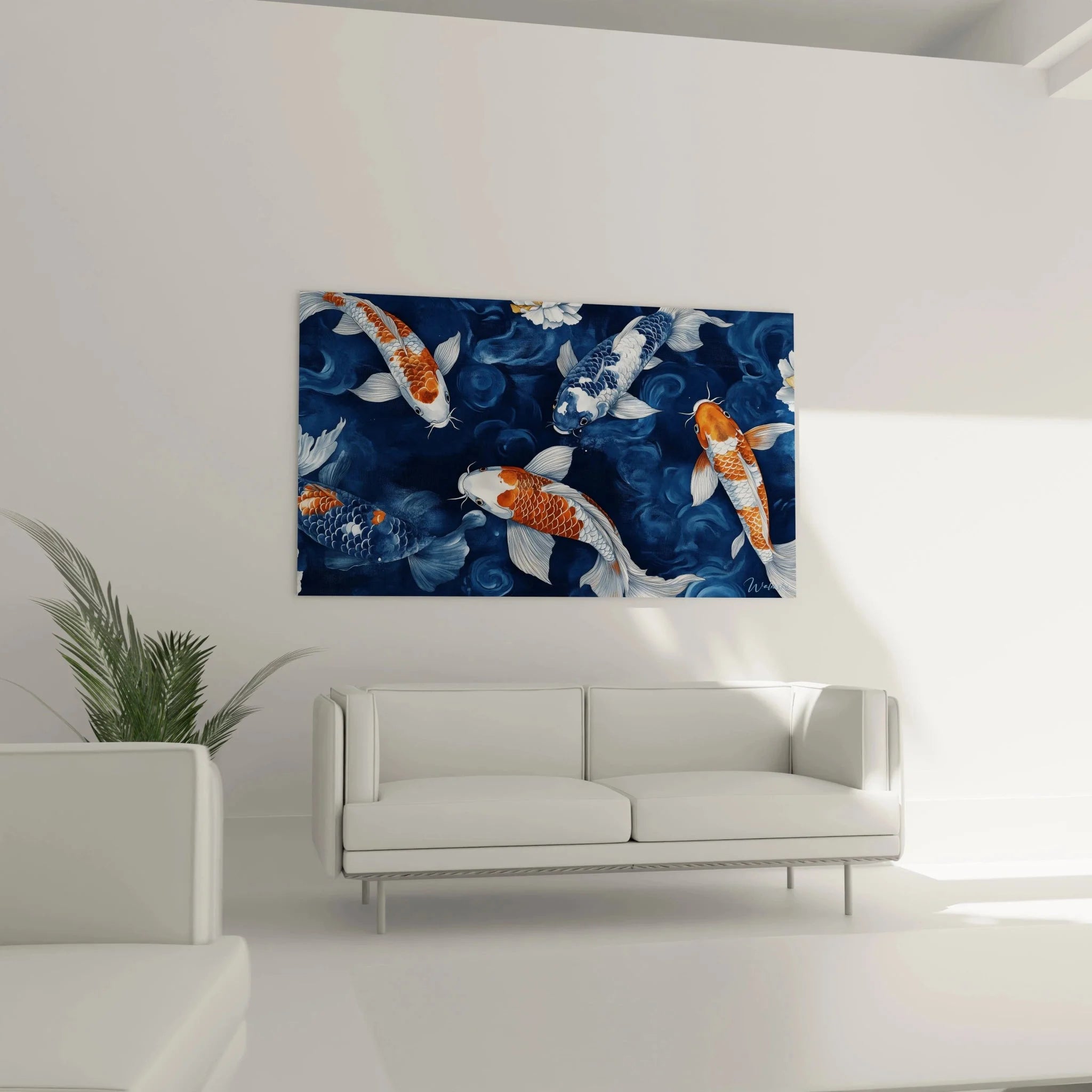 Detailansicht Koi Fisch Wandbild zeigt realistische Schuppen und Flossen in Orange-Blau-Farbgebung
