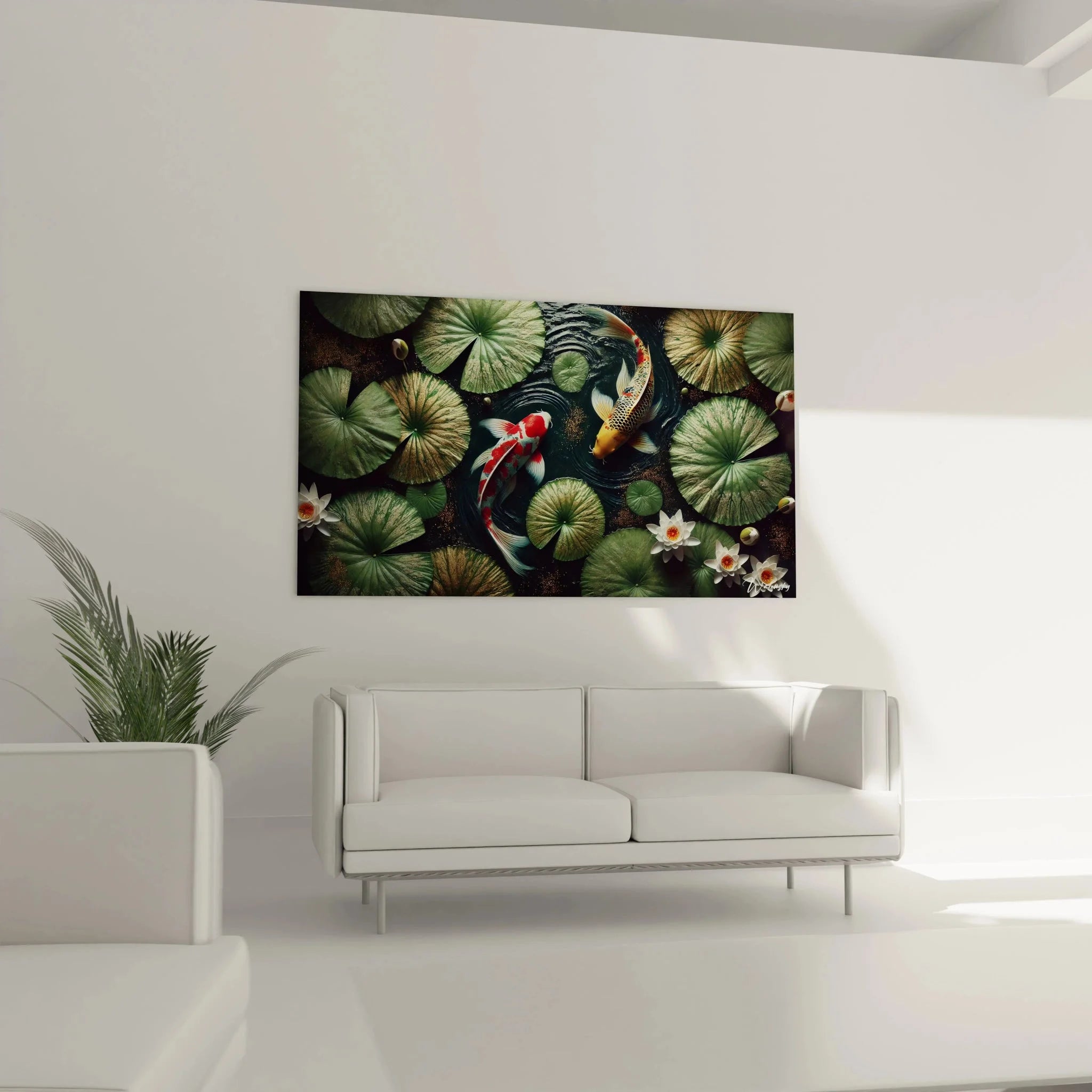 Detailansicht Koi-Fische Wandbild - rot-weiße und goldene Karpfen zwischen grünen Seerosenblättern Nahaufnahme