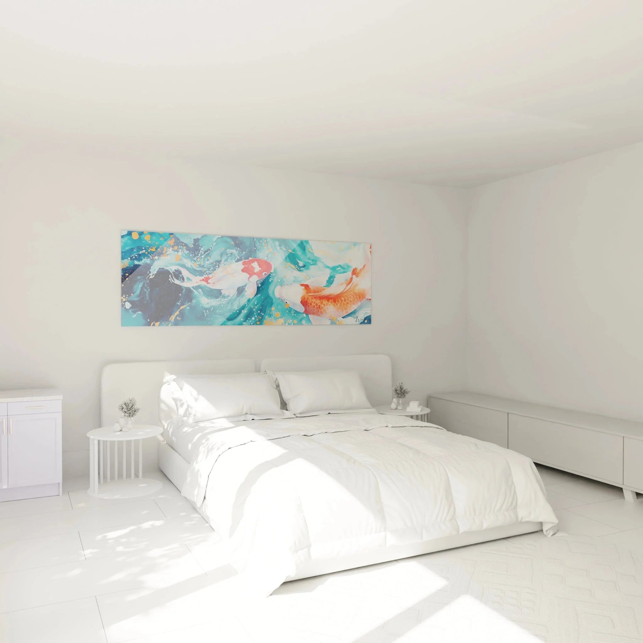 Koi-Karpfen Wandbild in elegantem Schlafzimmer, hochwertige Wanddekoration mit Unterwassermotiv