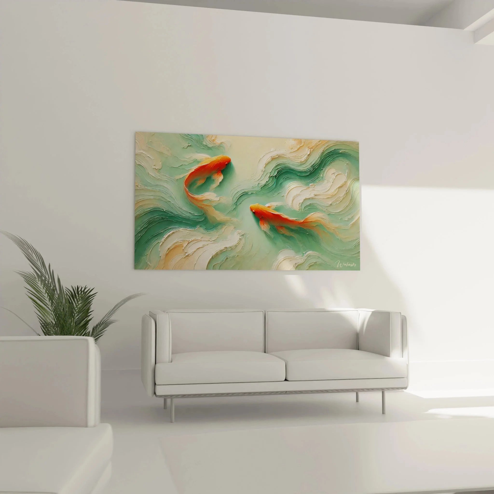 Detailansicht Koi Wandbild mit texturierter Wasserwellen Malerei und lebendigen Farben