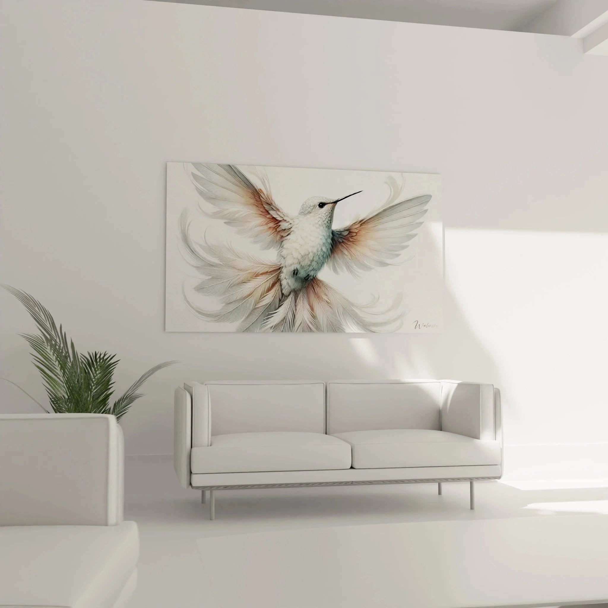 Nahaufnahme Kolibri Kunstdruck zeigt detailreiche Federstruktur in zarten Weiß- und Türkistönen