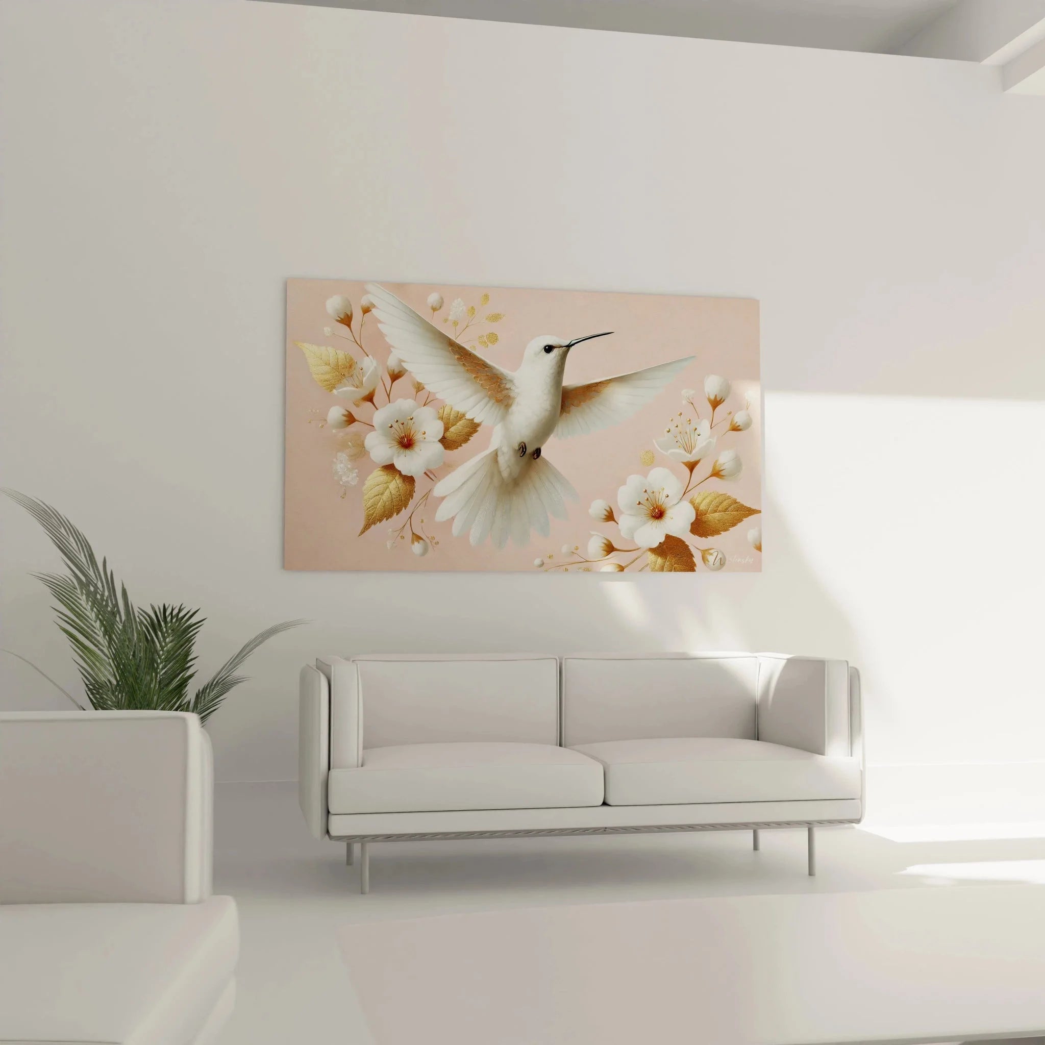 Detailansicht Kolibri Wandbild - goldene Federn und weiße Blüten in Premium Qualität