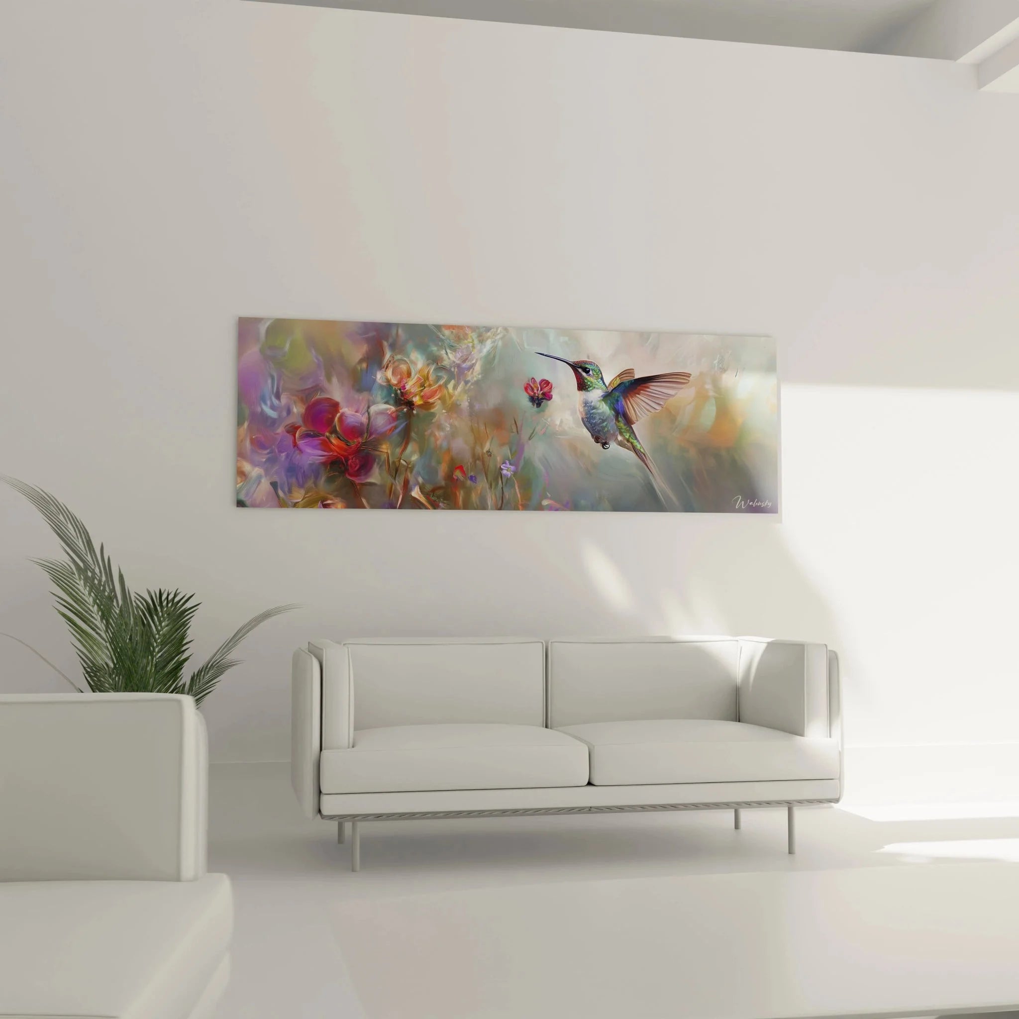 Detailansicht Kolibri Wandbild mit schillernden Federn und rosa Blüten - Nahaufnahme