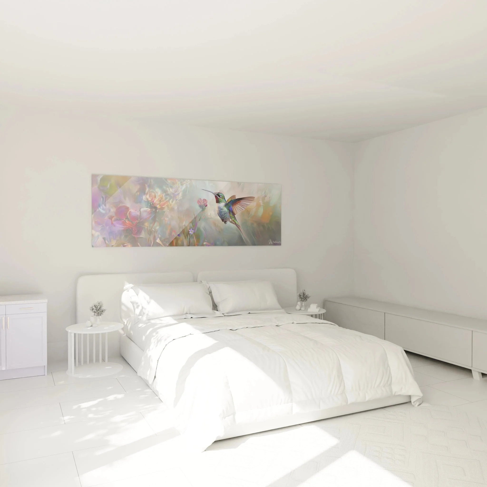 Kolibri Wandbild in Schlafzimmer Ambiente mit Blütenmotiv - moderne Wanddekoration
