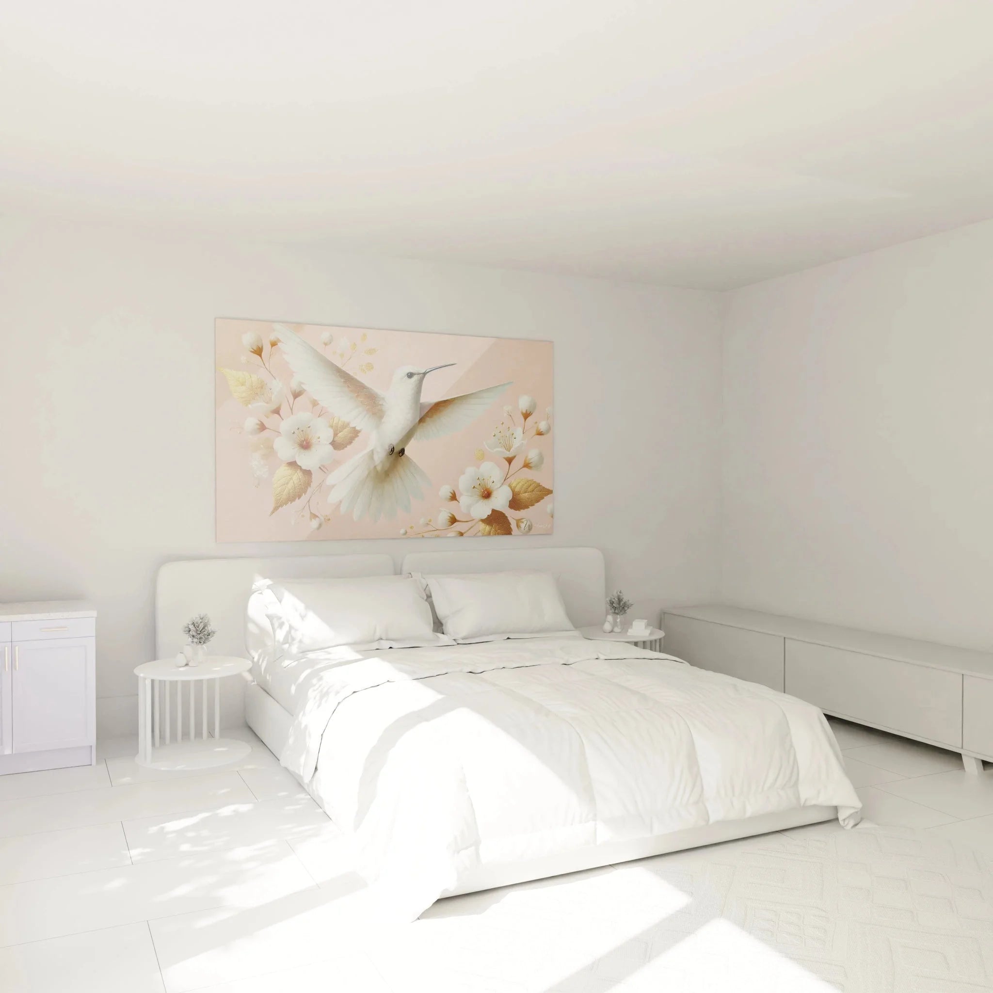 Kolibri Wandbild in elegantem Schlafzimmer - weiße Blüten und rosa Farbtöne als Wanddekoration