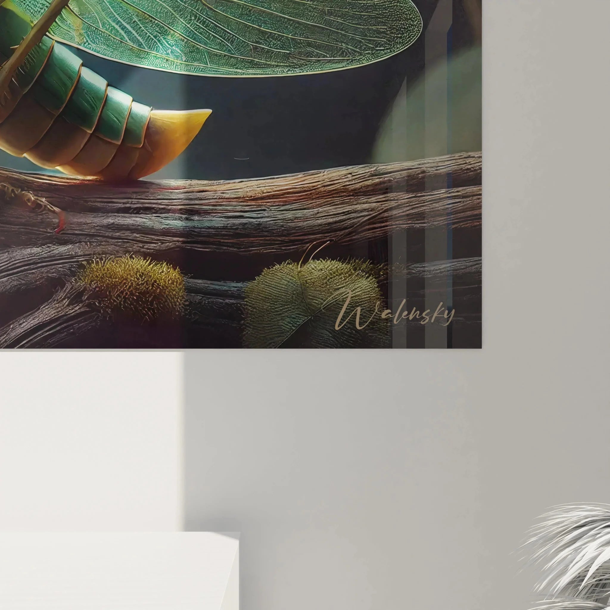 Gesamtansicht Wandbild Grashüpfer - Komplette Darstellung der Insekten Wandkunst mit Holzast Komposition