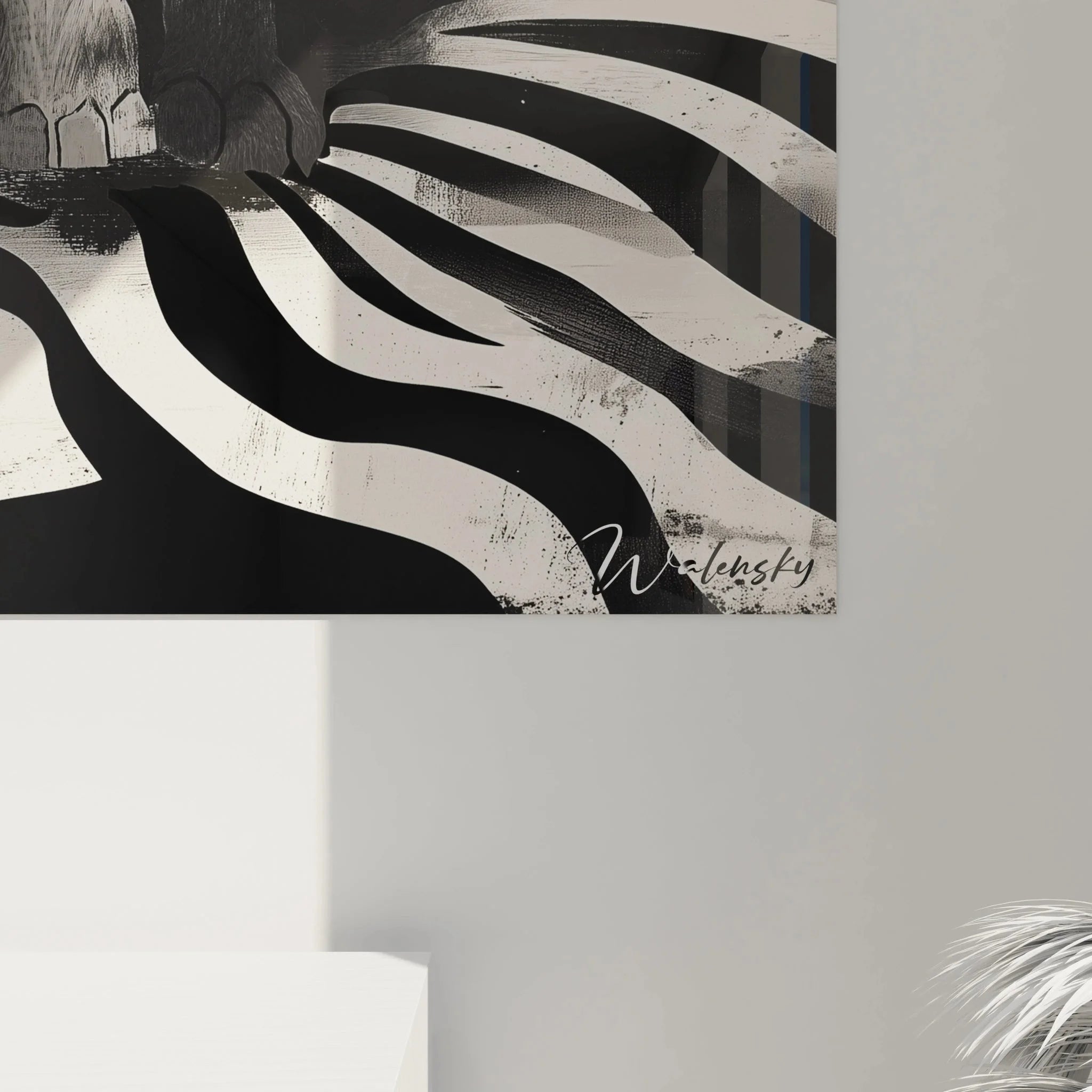 Komplette Ansicht Wandbild Tiger sitzend schwarz weiß geometrische Basis moderne Tierkunst