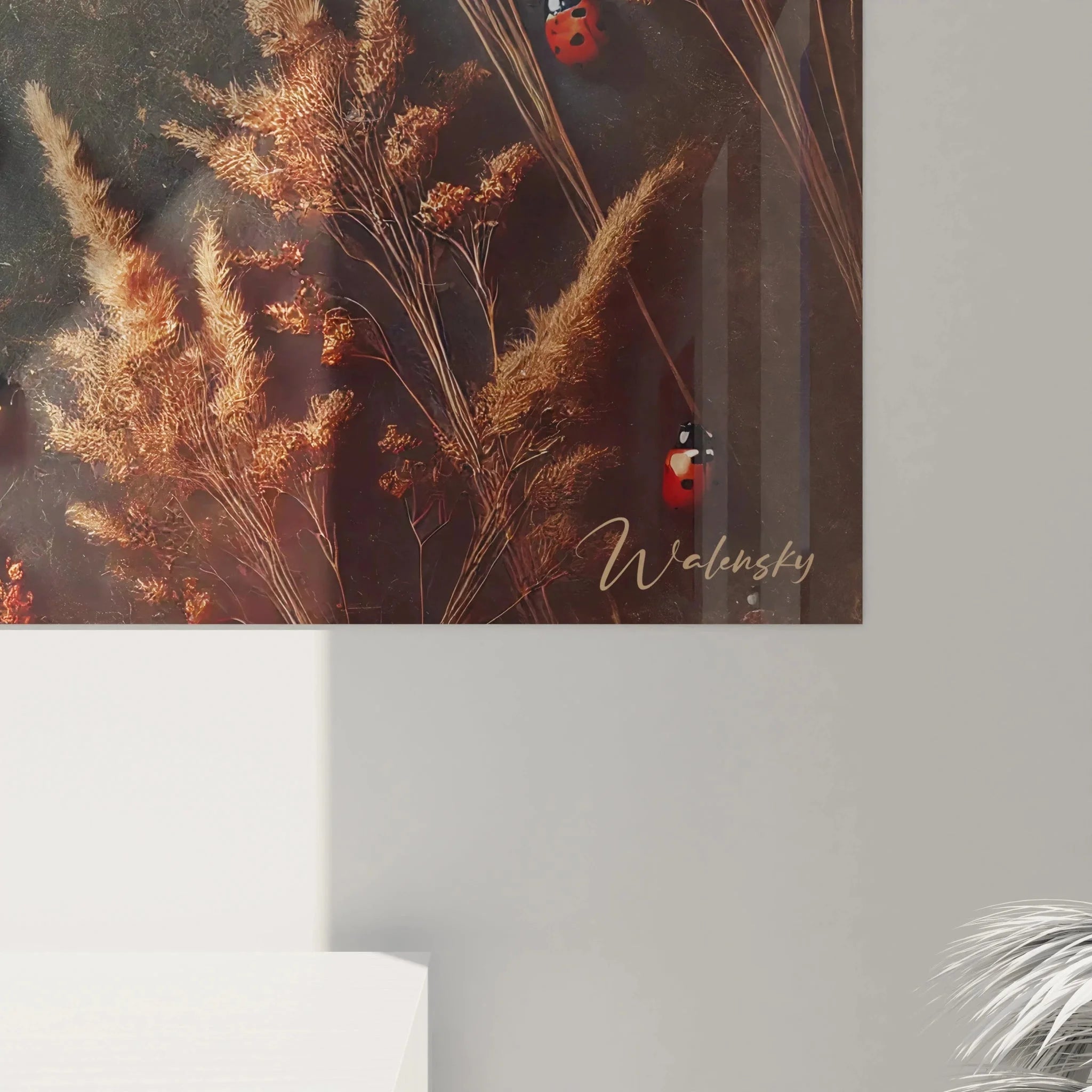 Komplette Wandbild Marienkäfer Herbstszene mit goldenen Pflanzen und nostalgischer Lichtstimmung