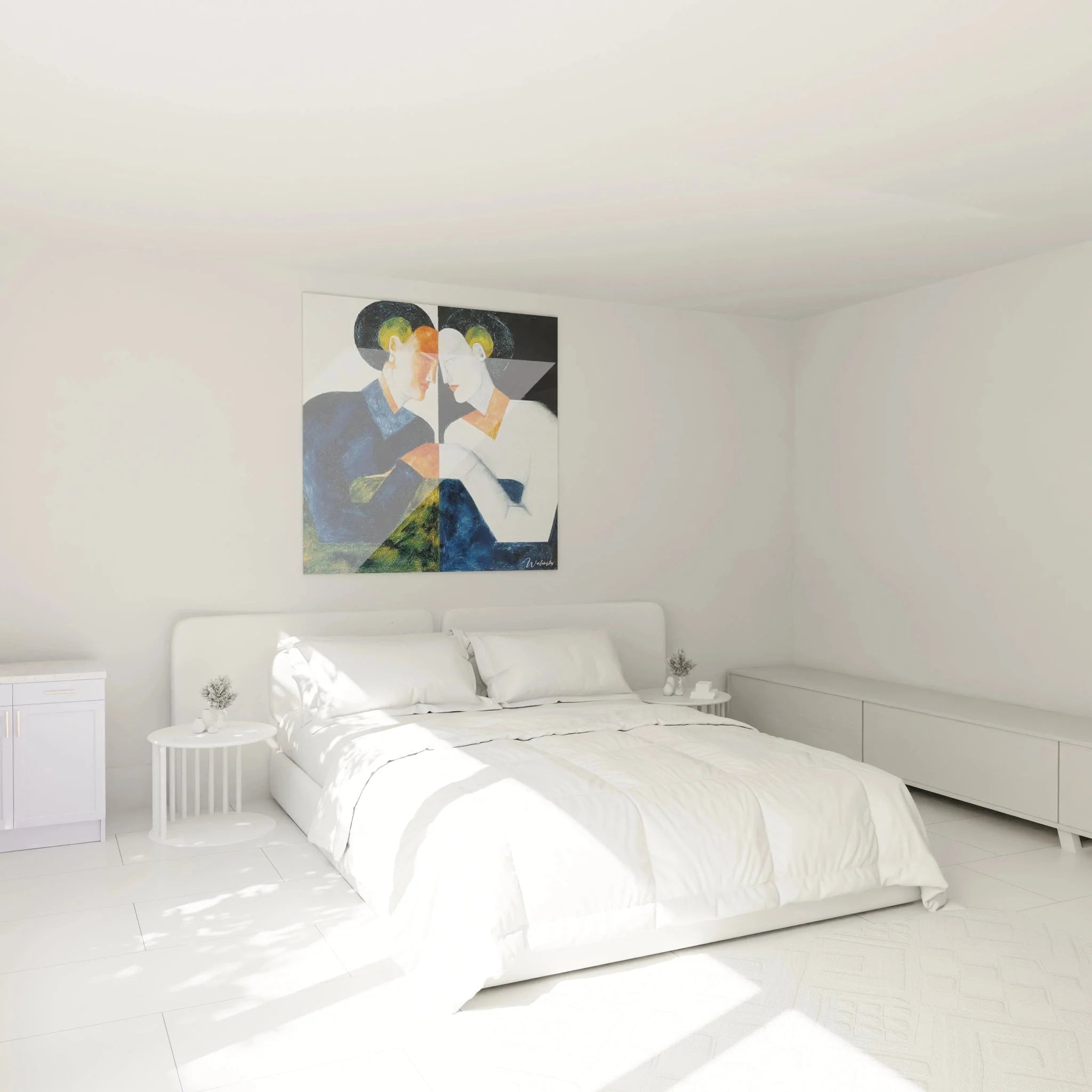 Konstruktivistisches Wandbild Liebespaar in modernem Schlafzimmer Ambiente als XXL Wanddekoration