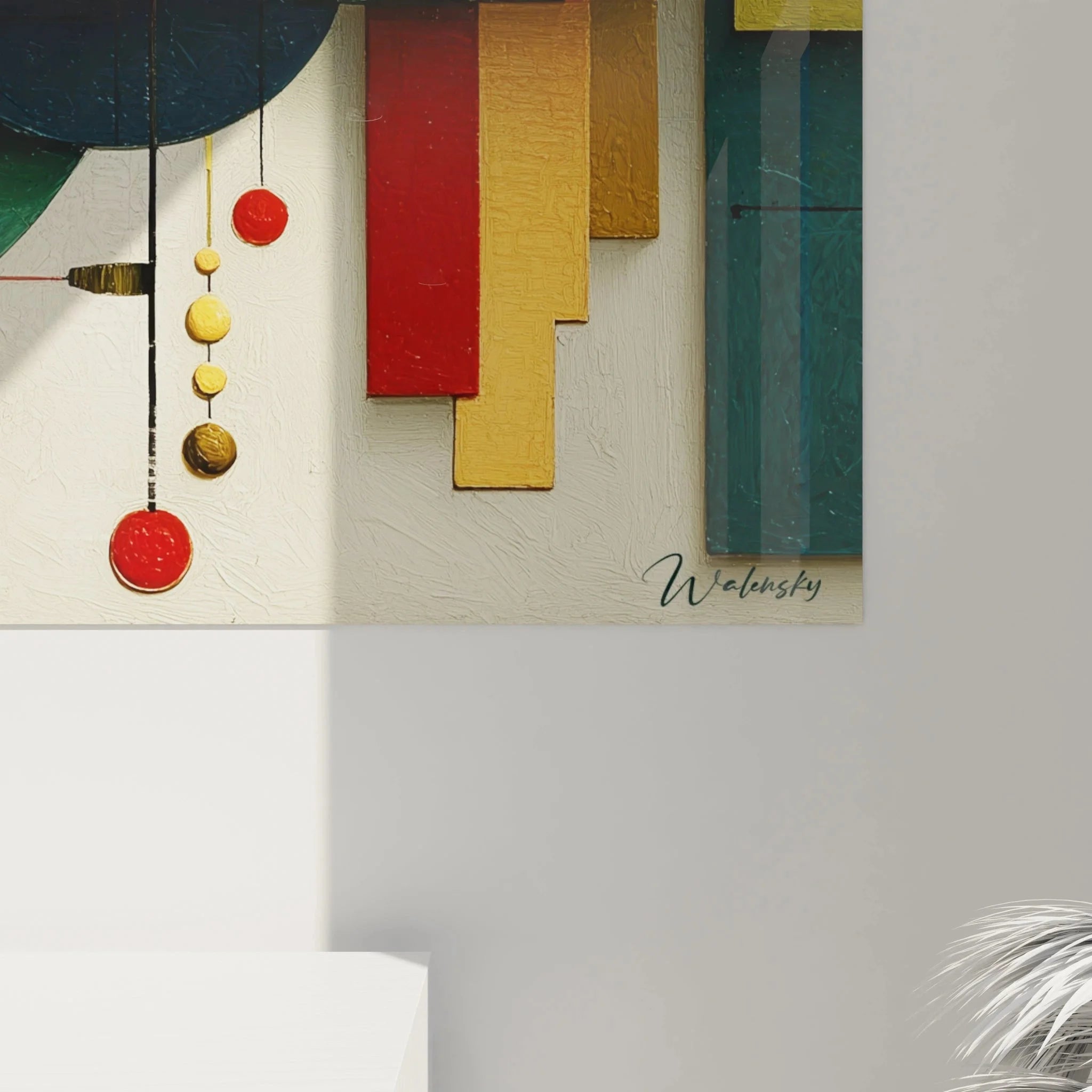 Gesamtansicht des konstruktivistischen Wandbildes mit harmonischer Farbkomposition