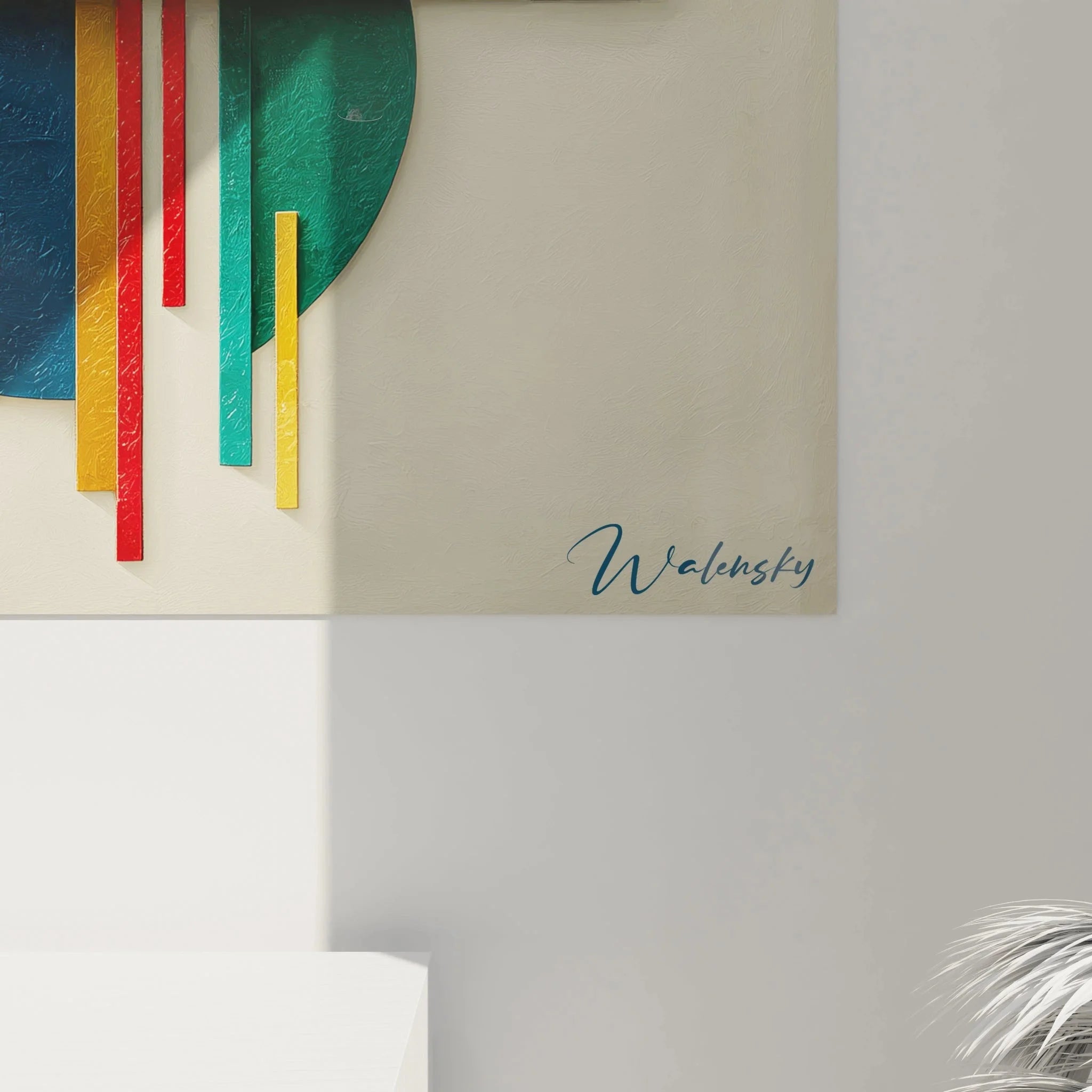 Gesamtansicht konstruktivistisches Wandbild Bauhaus Edition mit geometrischen Elementen und Farbkomposition