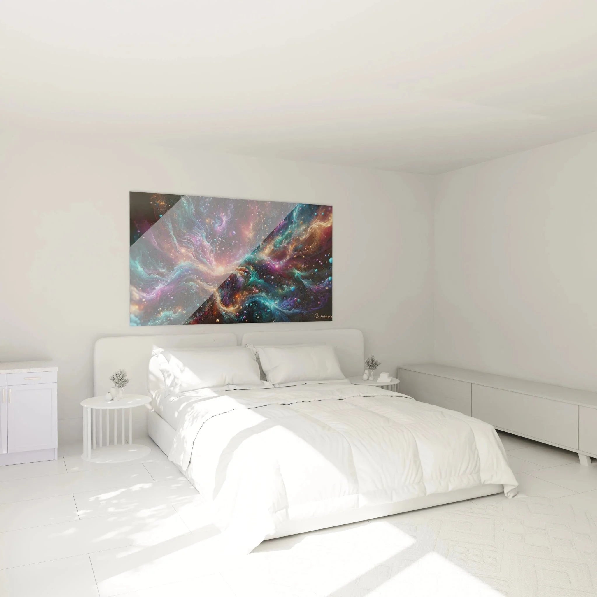 Kosmisches XXL Wandbild im Schlafzimmer mit galaktischen Farben und modernem abstraktem Design