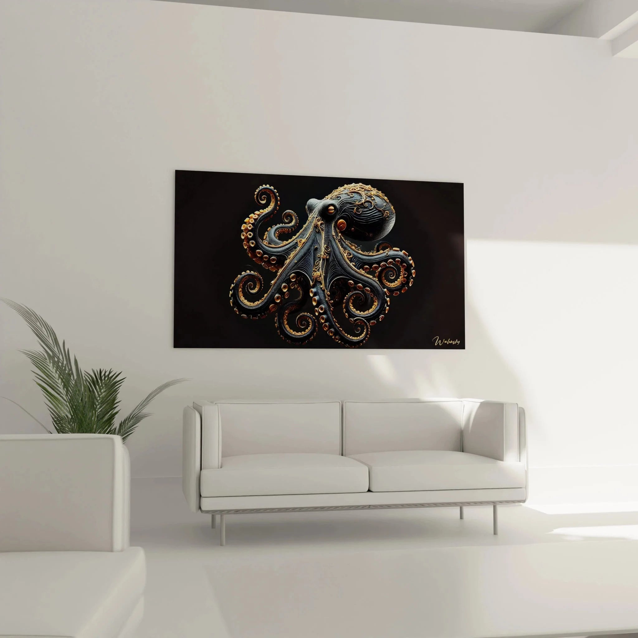 Detailaufnahme Oktopus Wandkunst zeigt goldene Saugnäpfe und kunstvolle Tentakel-Strukturen