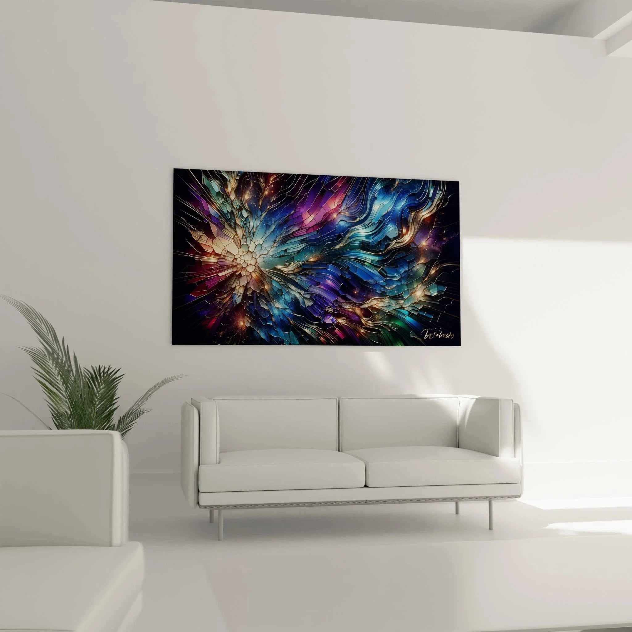 Detailansicht geometrische Kristallstrukturen mit leuchtenden Facetten und Lichtreflexionen