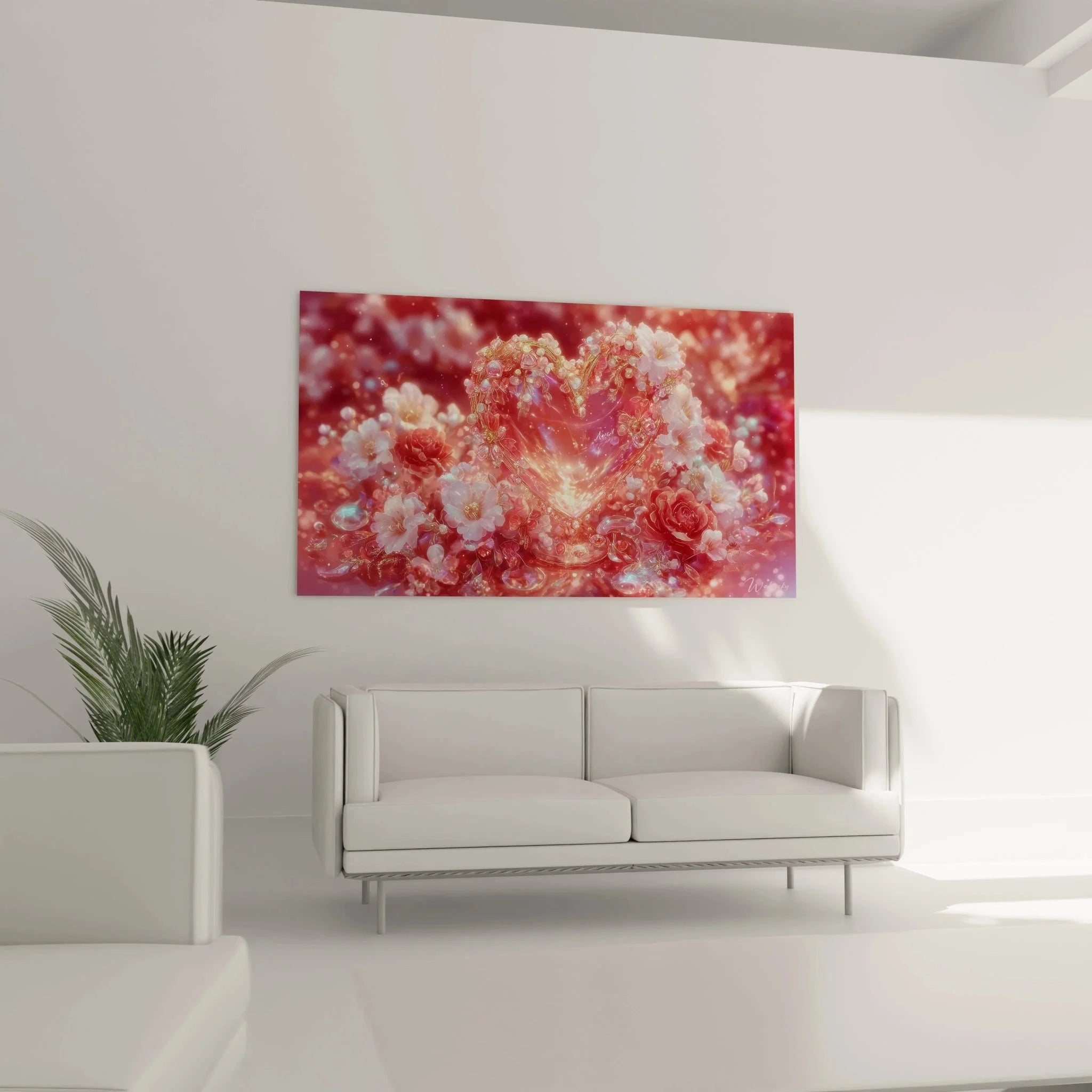 Detailansicht Kristallherz Wandbild mit funkelnden Perlen und zarten Rosenblüten in rosa Tönen