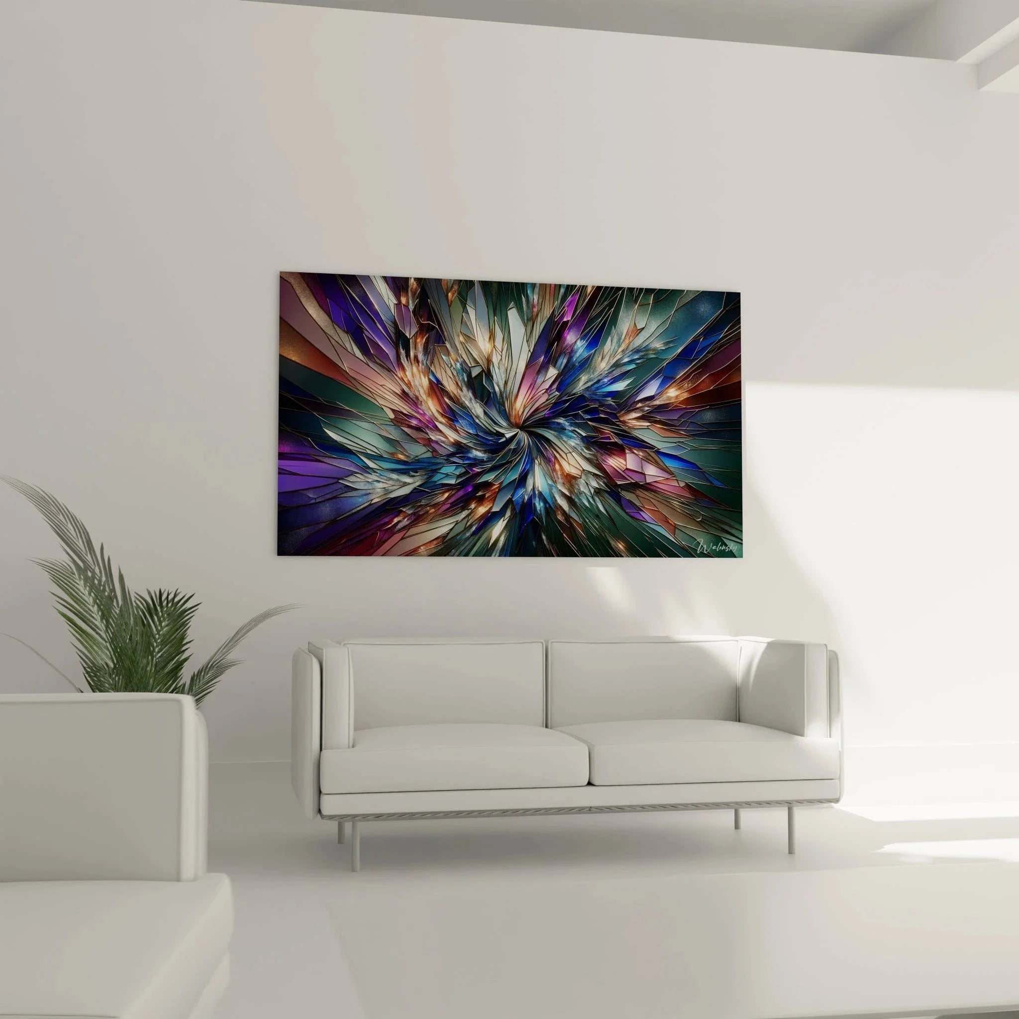 Detailansicht der kristallinen Strukturen im abstrakten Wandbild mit schimmernden Lichtreflexen