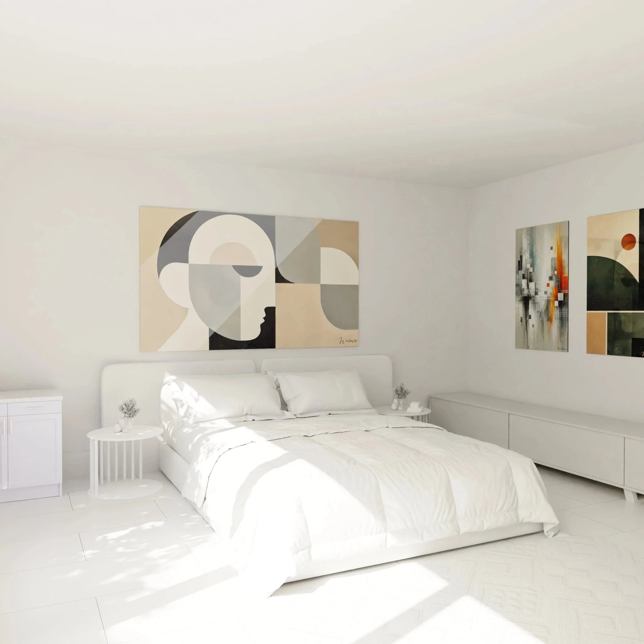 Kubismus Wandbild Schlafzimmer Ambiente abstrakte Geometrie moderne Wanddeko Erdtöne