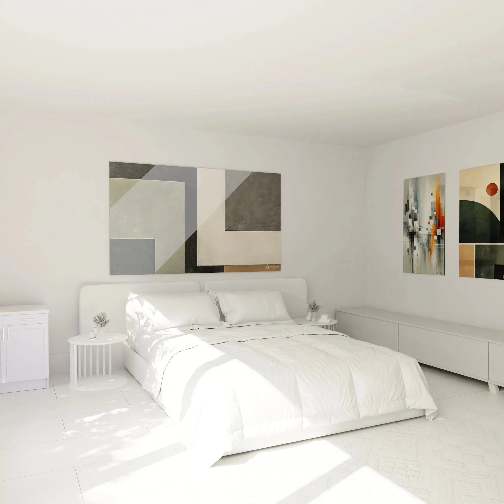 Kubismus Wandbild XXL mit abstrakter Geometrie als moderne Schlafzimmer Wanddekoration in Grautönen