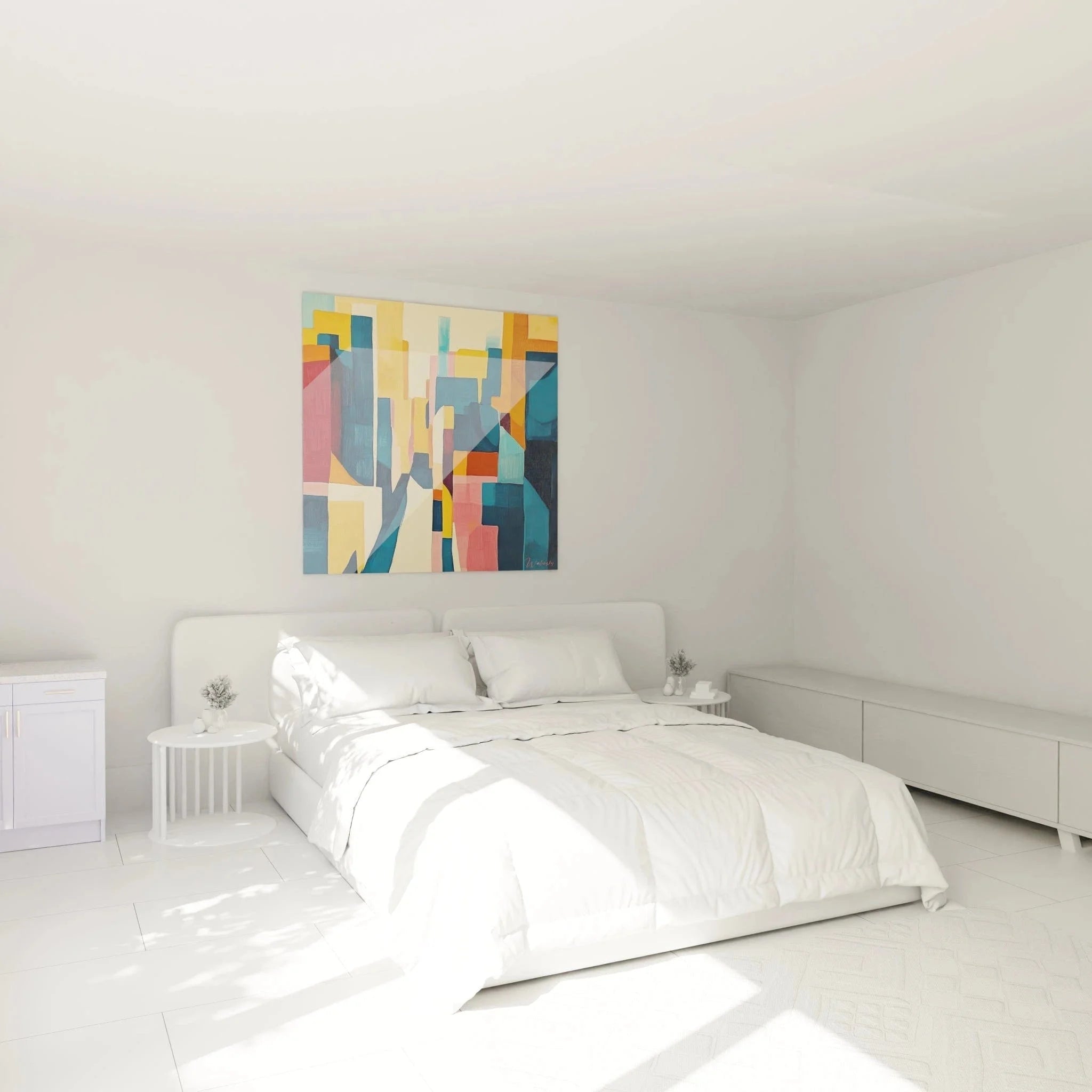 Wandbild XXL kubistische Architektur in modernem Schlafzimmer Ambiente