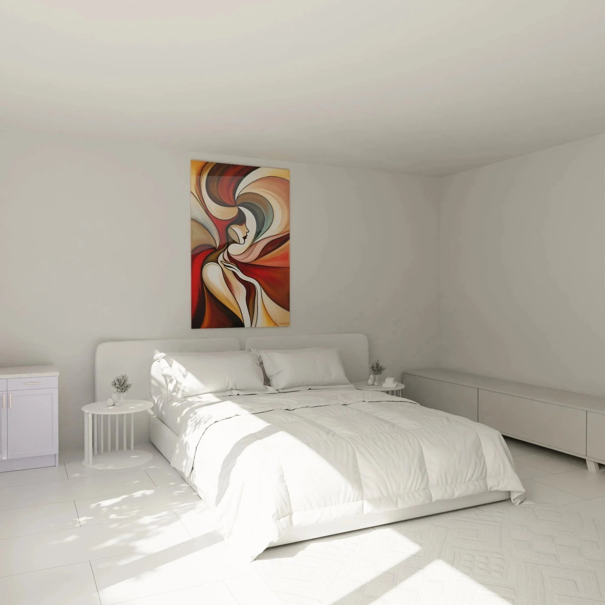 Kubistisches Wandbild abstrakte Frau in elegantem Schlafzimmer als moderne Wanddekoration