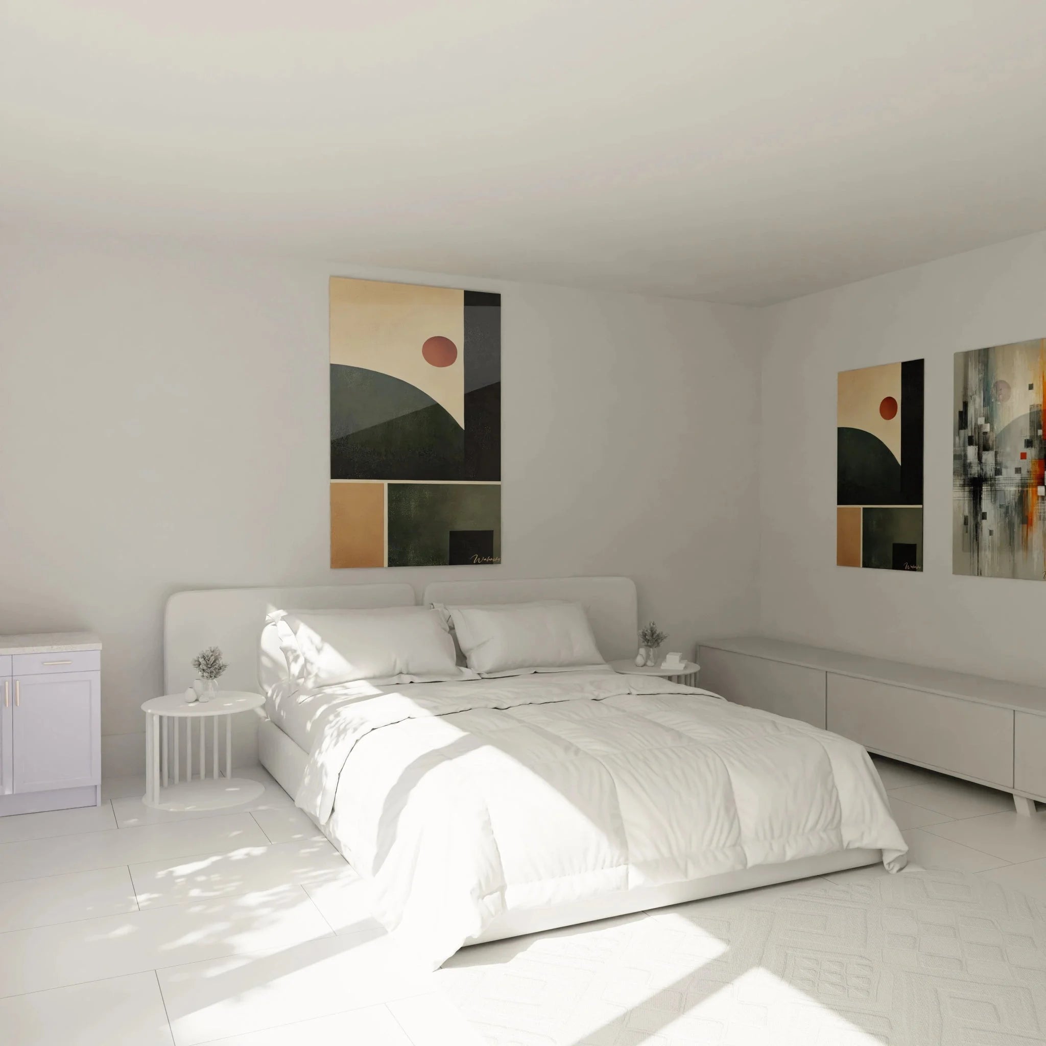 Kubistisches Wandbild abstrakte Landschaft in Schlafzimmer Ambiente mit warmen Erdtönen