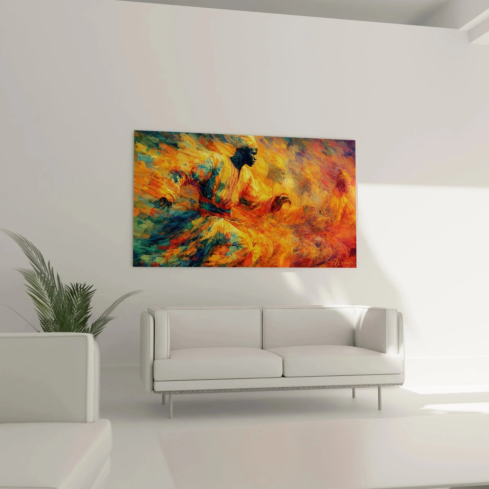 Detailaufnahme Kunstdruck Afrikanischer Tänzer mit traditioneller Kopfbedeckung und goldenen Gewand