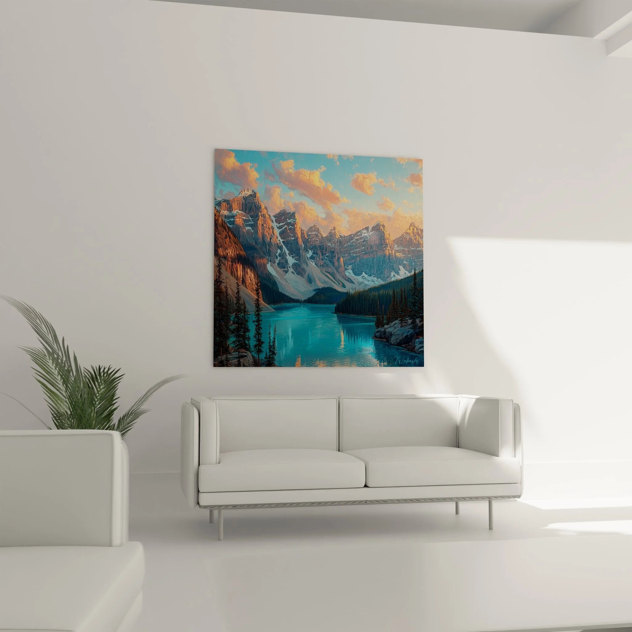 Detailansicht Kunstdruck Bergsee, goldene Bergspiegelungen im kristallklaren Gebirgswasser