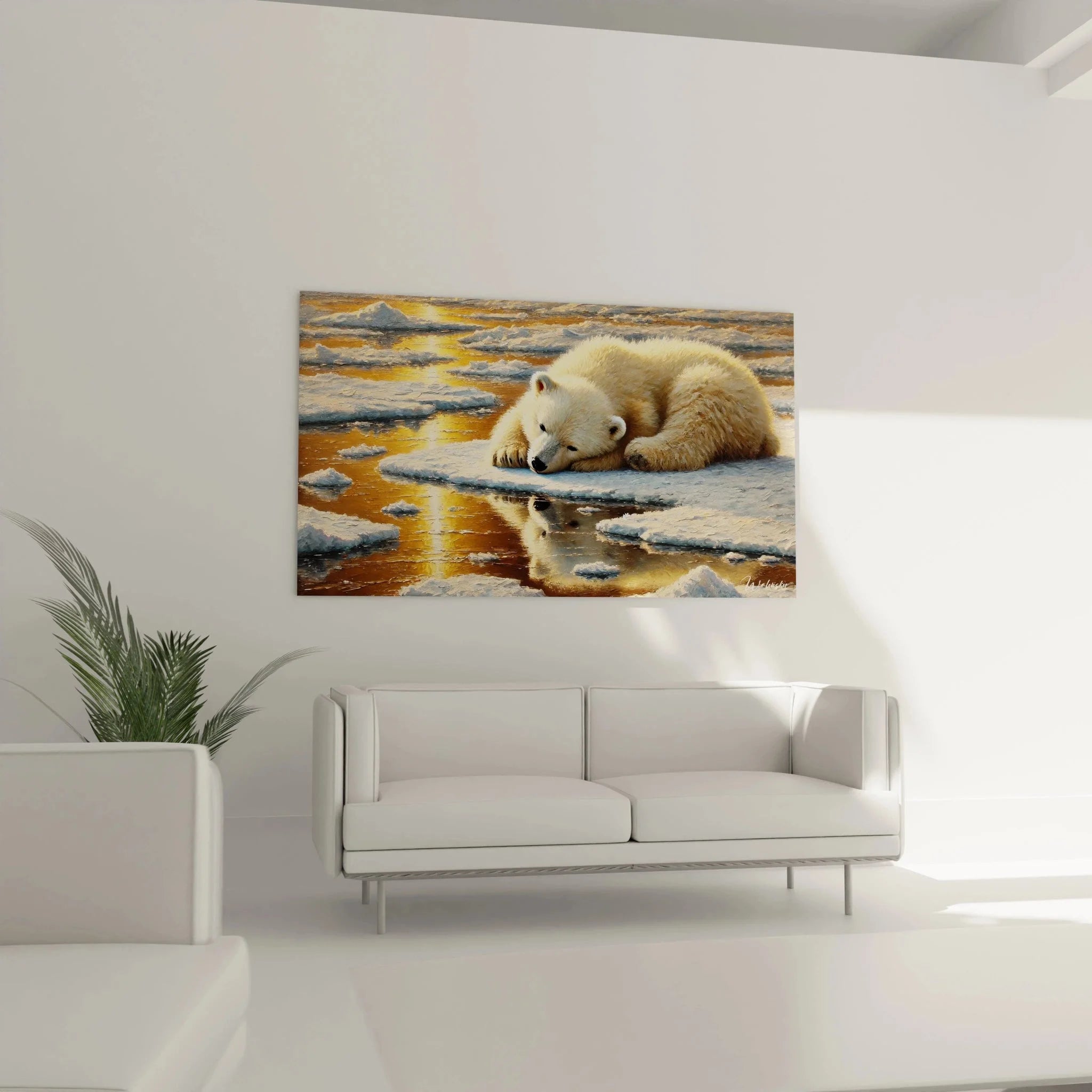 Detailansicht Kunstdruck Eisbär mit weißem Fell ruhend auf schwimmender Eisscholle