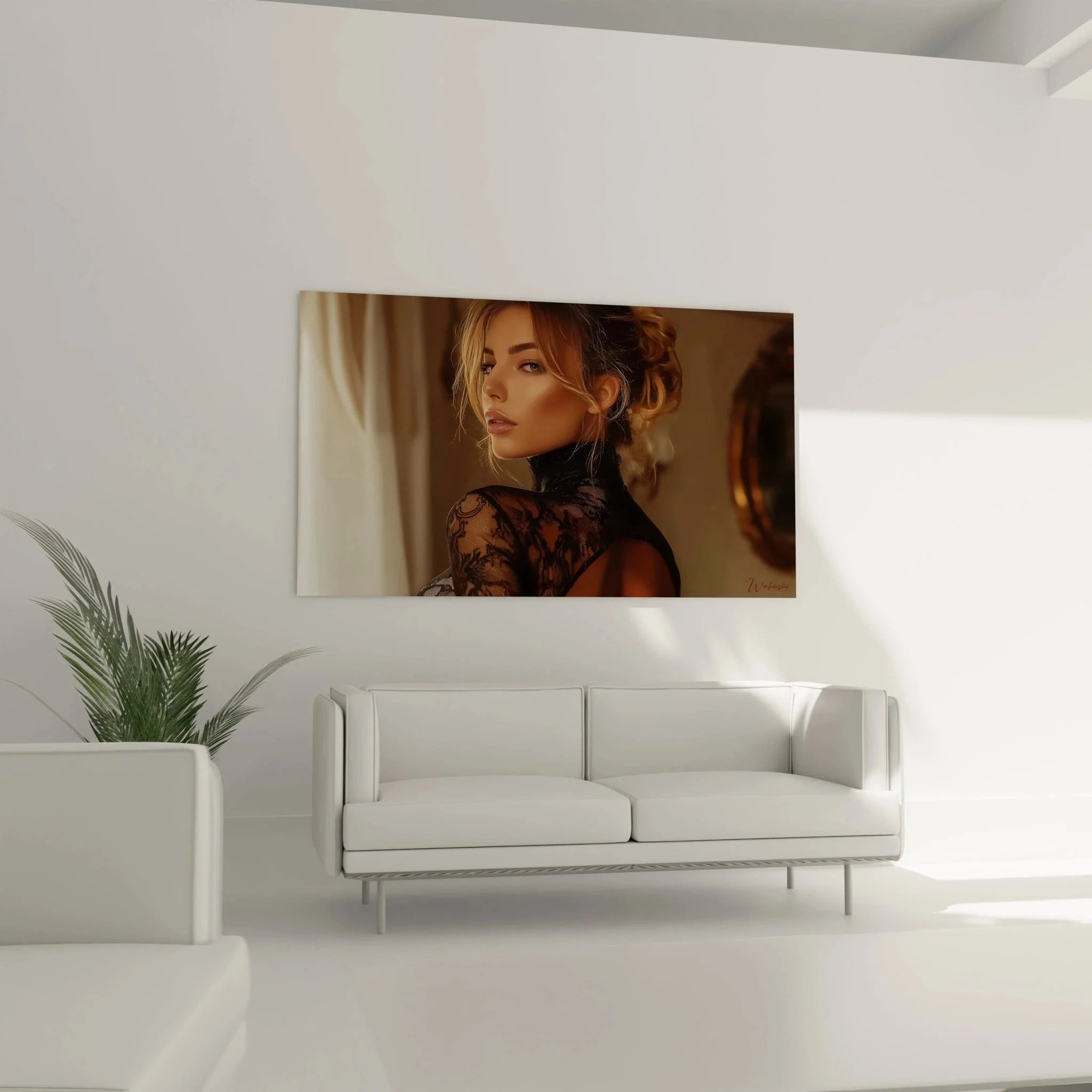 Detailansicht Kunstdruck elegante Dame mit blonden Haaren in kunstvollem schwarzen Spitzenkleid