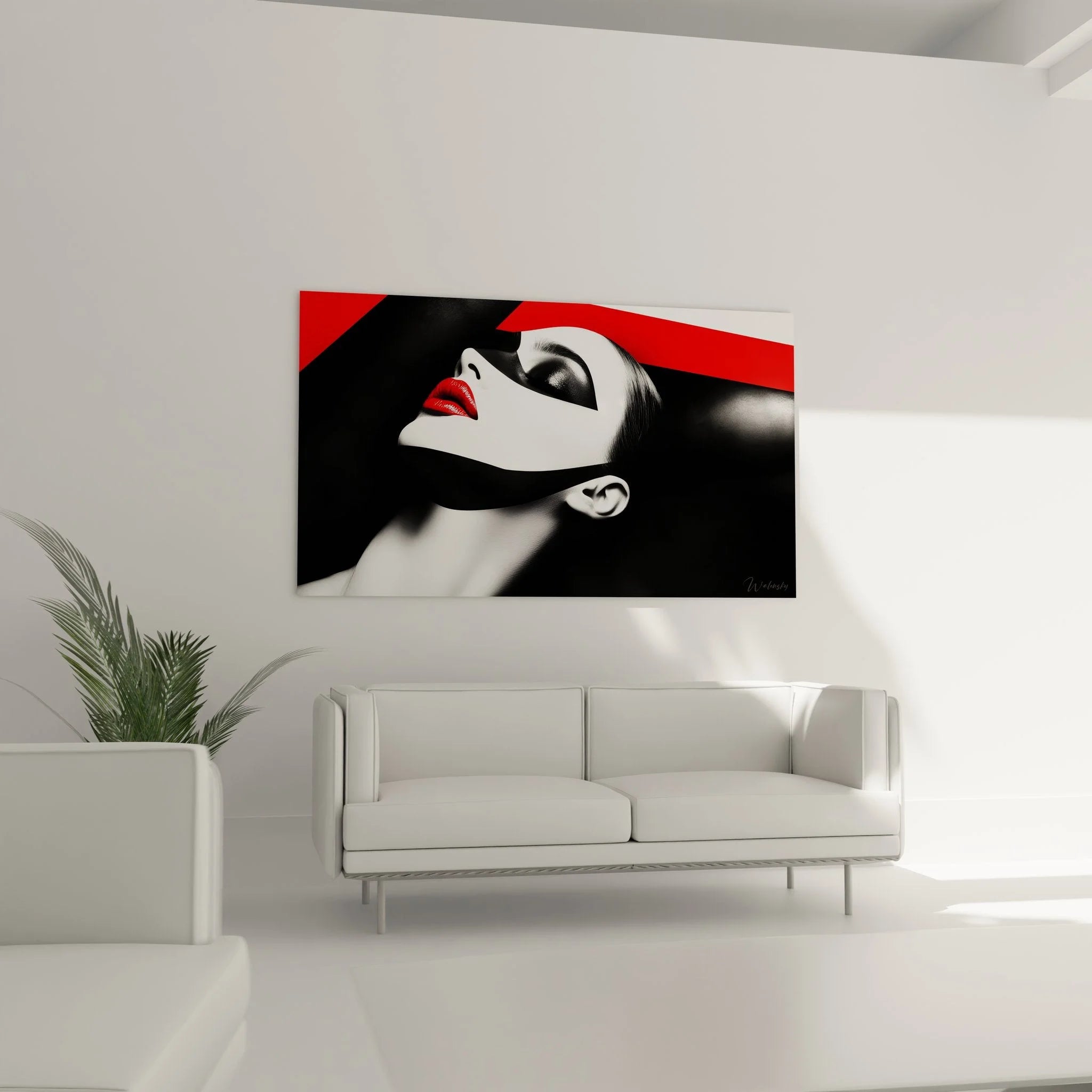 Detailansicht Leinwandbild Frauengesicht mit roten Lippen, hochwertige Druckqualität