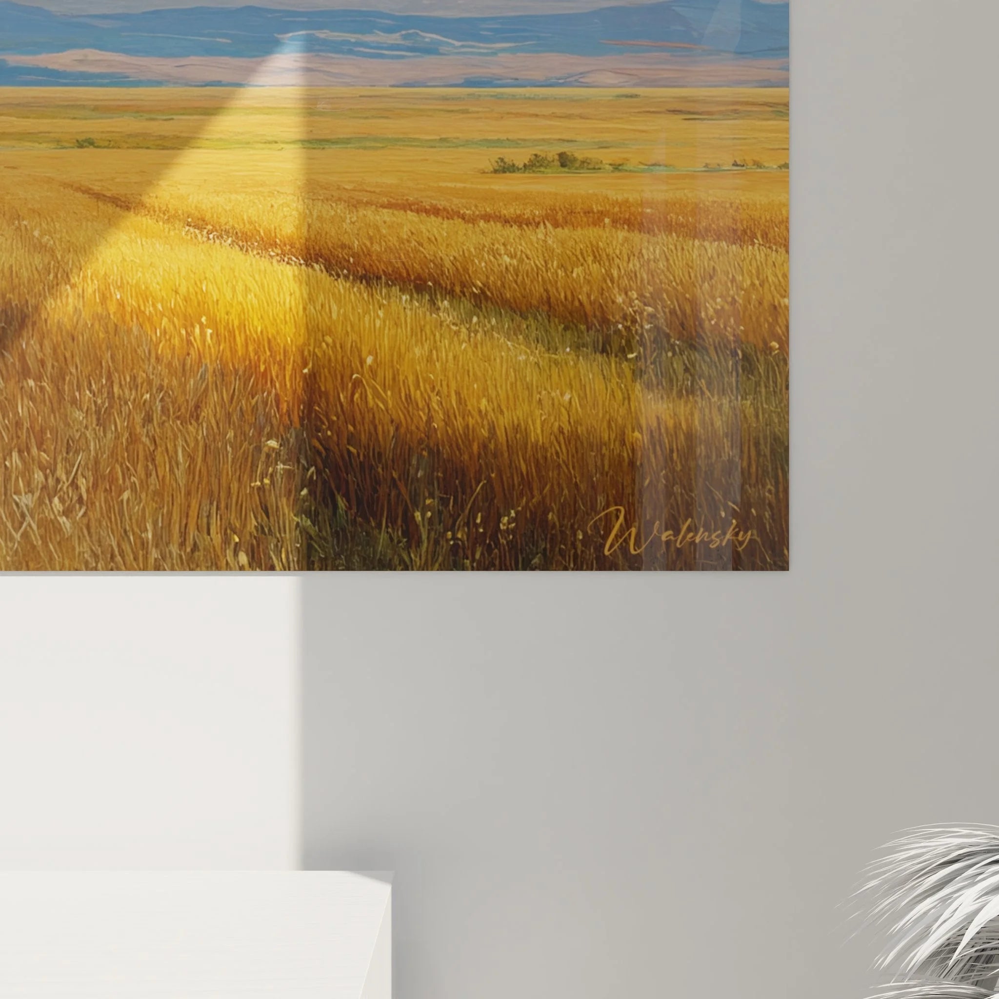 Gesamtansicht Wandbild Landschaft - Getreidefeld Panorama mit dramatischem Himmel und fernen Bergen