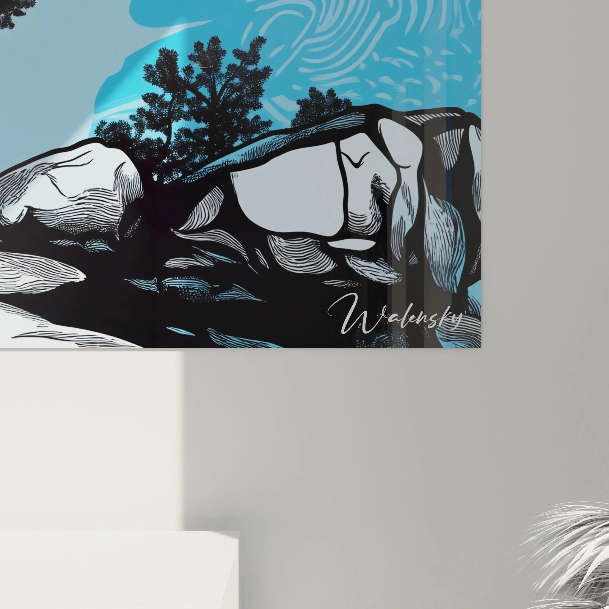 Gesamtansicht Wandbild Felslandschaft mit Bäumen und abstraktem Himmel - Moderne Landschaftskunst