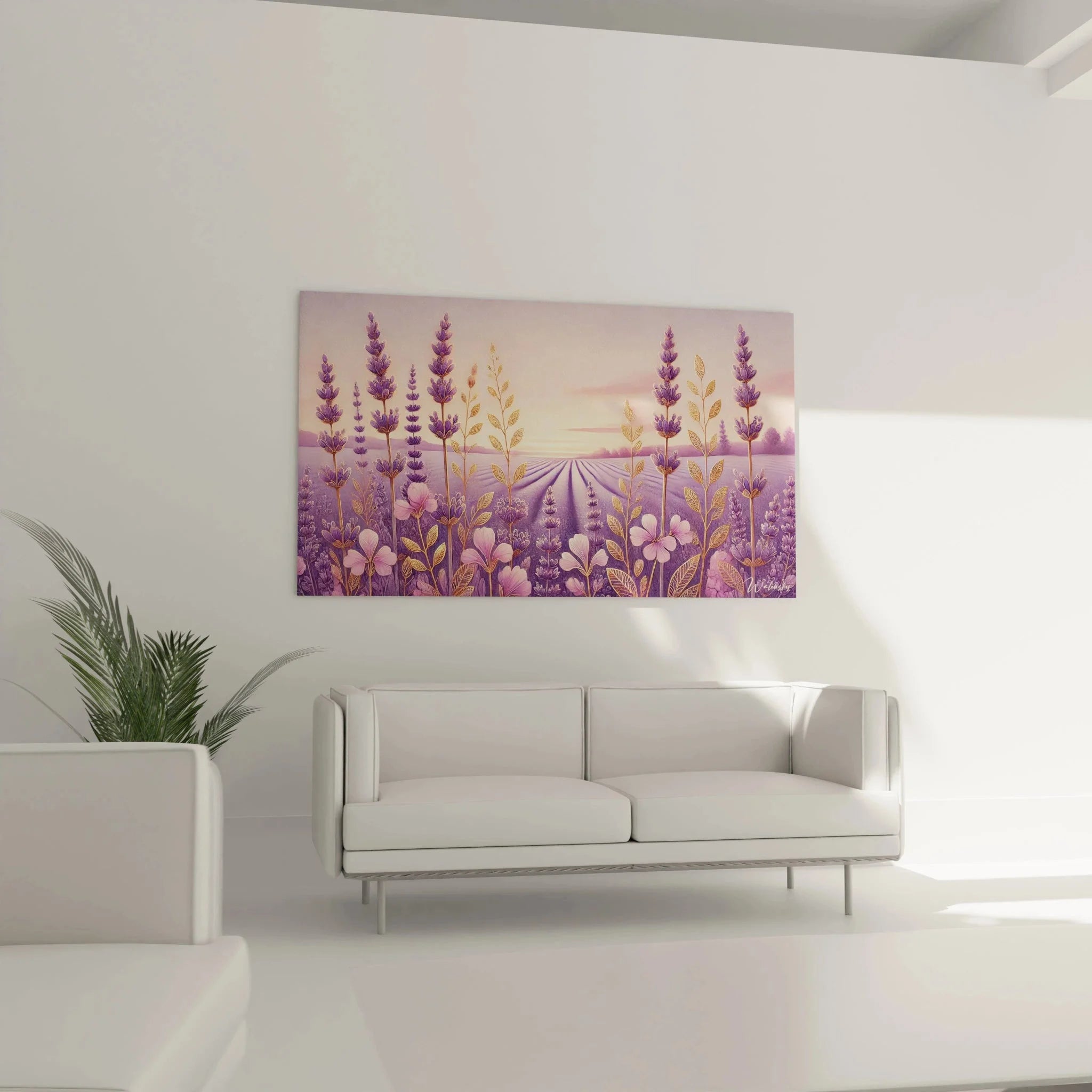 Nahaufnahme Lavendel Wanddeko mit rosa Hibiskusblüten und goldenen Blättern