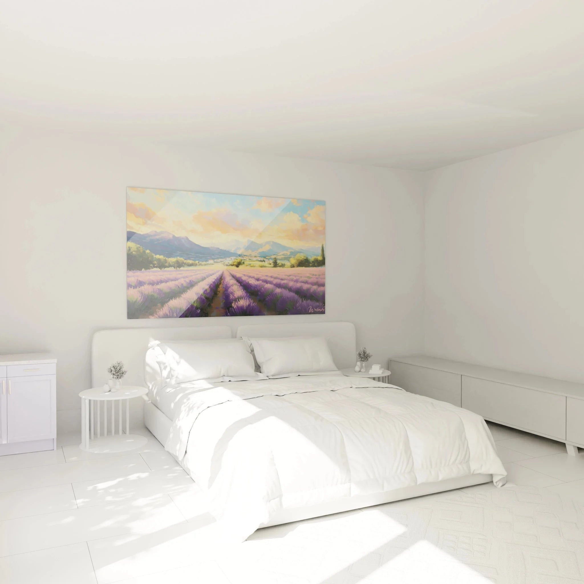 Lavendel Wanddeko XXL im Schlafzimmer - Provence Lavendelfelder Leinwanddruck an der Wand