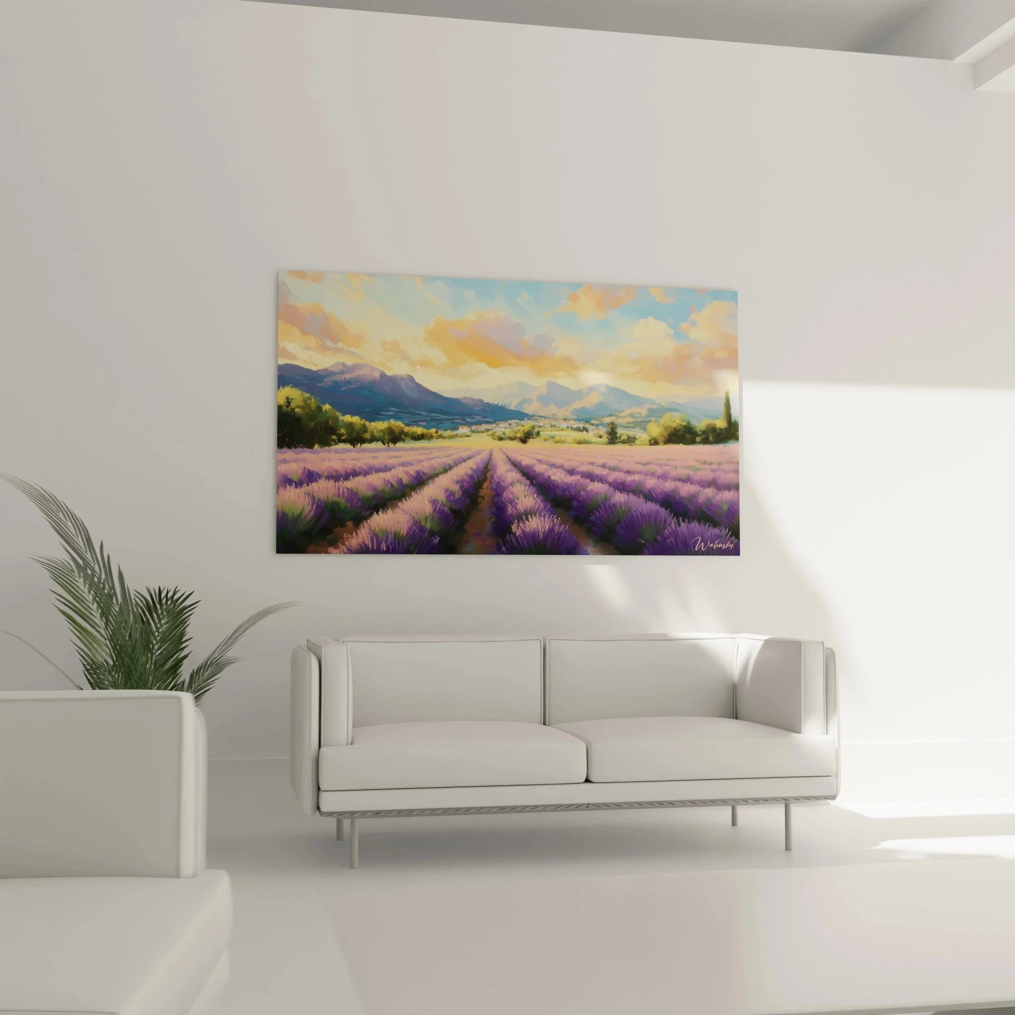 Detailansicht Wandbild Lavendelfelder - violette Lavendelbüsche und Provence Landschaft Nahaufnahme
