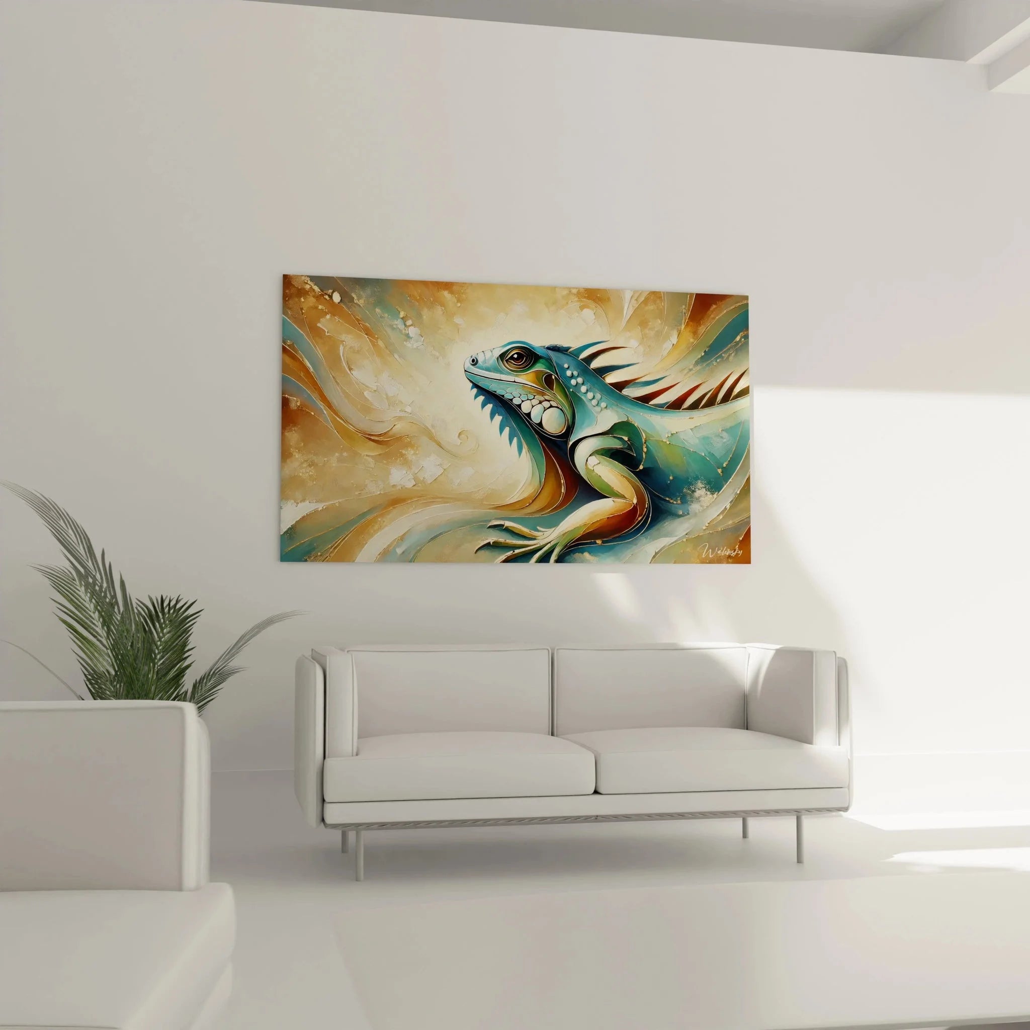 Detailansicht Leguan Wandbild - Drachenkopf mit türkisen Schuppen und goldenen Akzenten