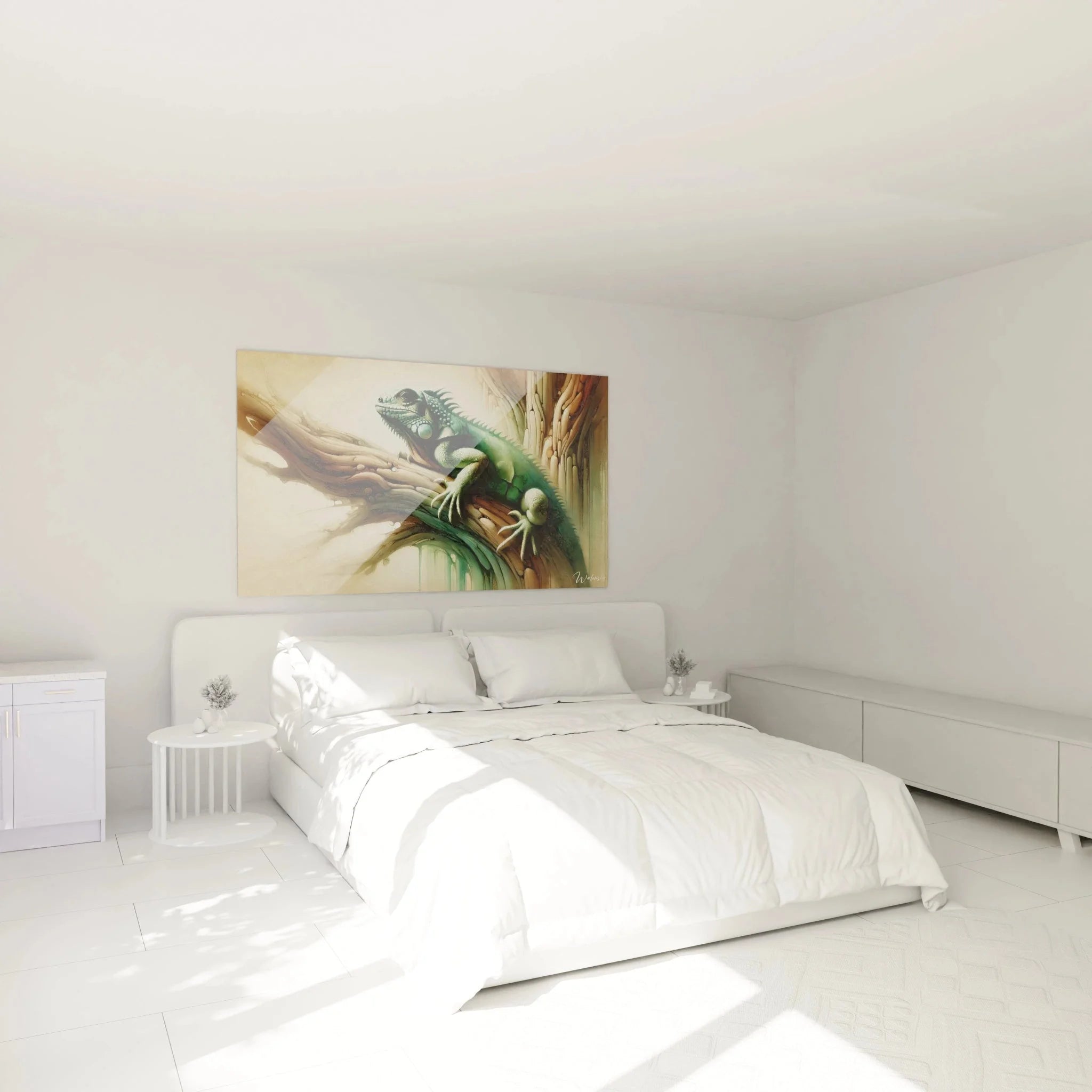 Leguan Wandbild XXL im Schlafzimmer - Beruhigende grüne Wanddekoration über dem Bett