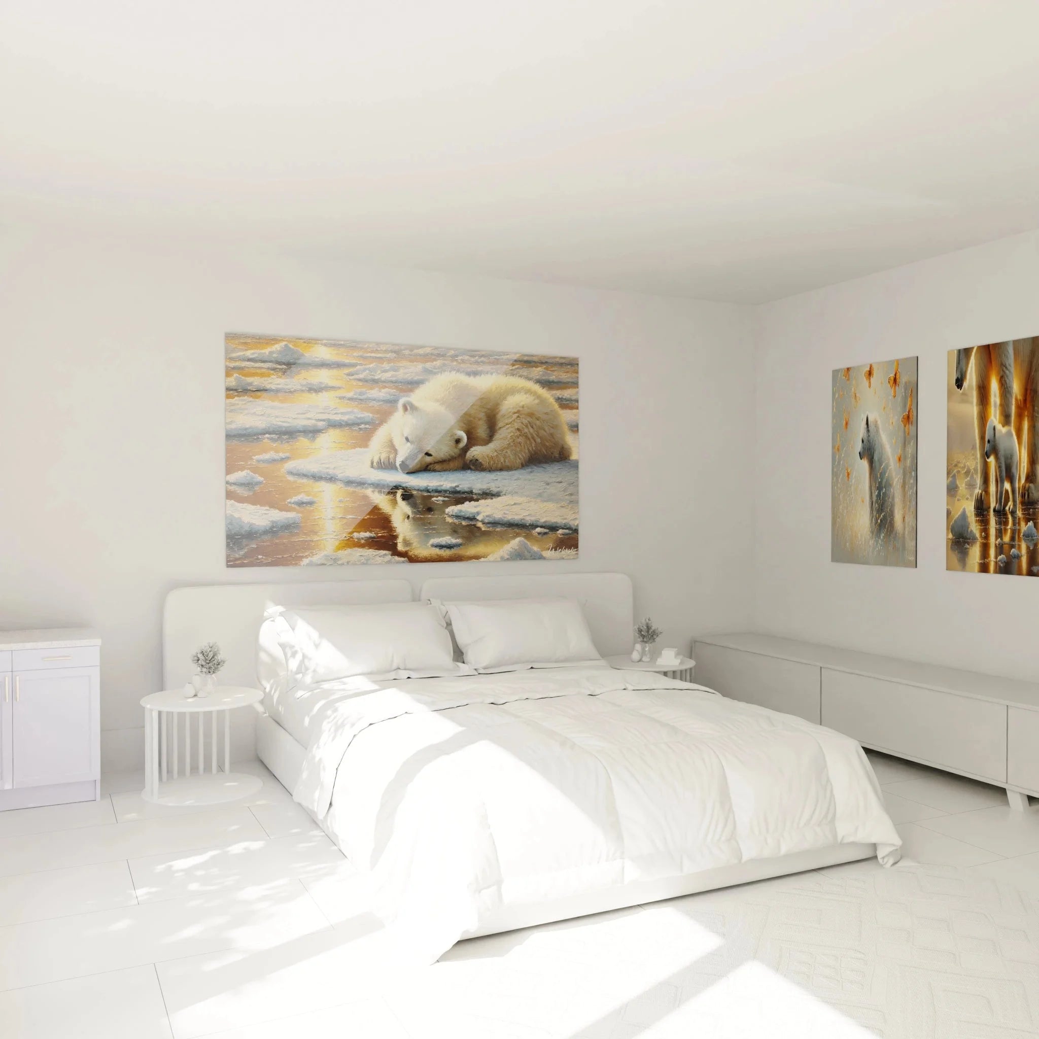 Leinwandbild Eisbär schlafend in modernem Schlafzimmer über Bett als Wanddekoration