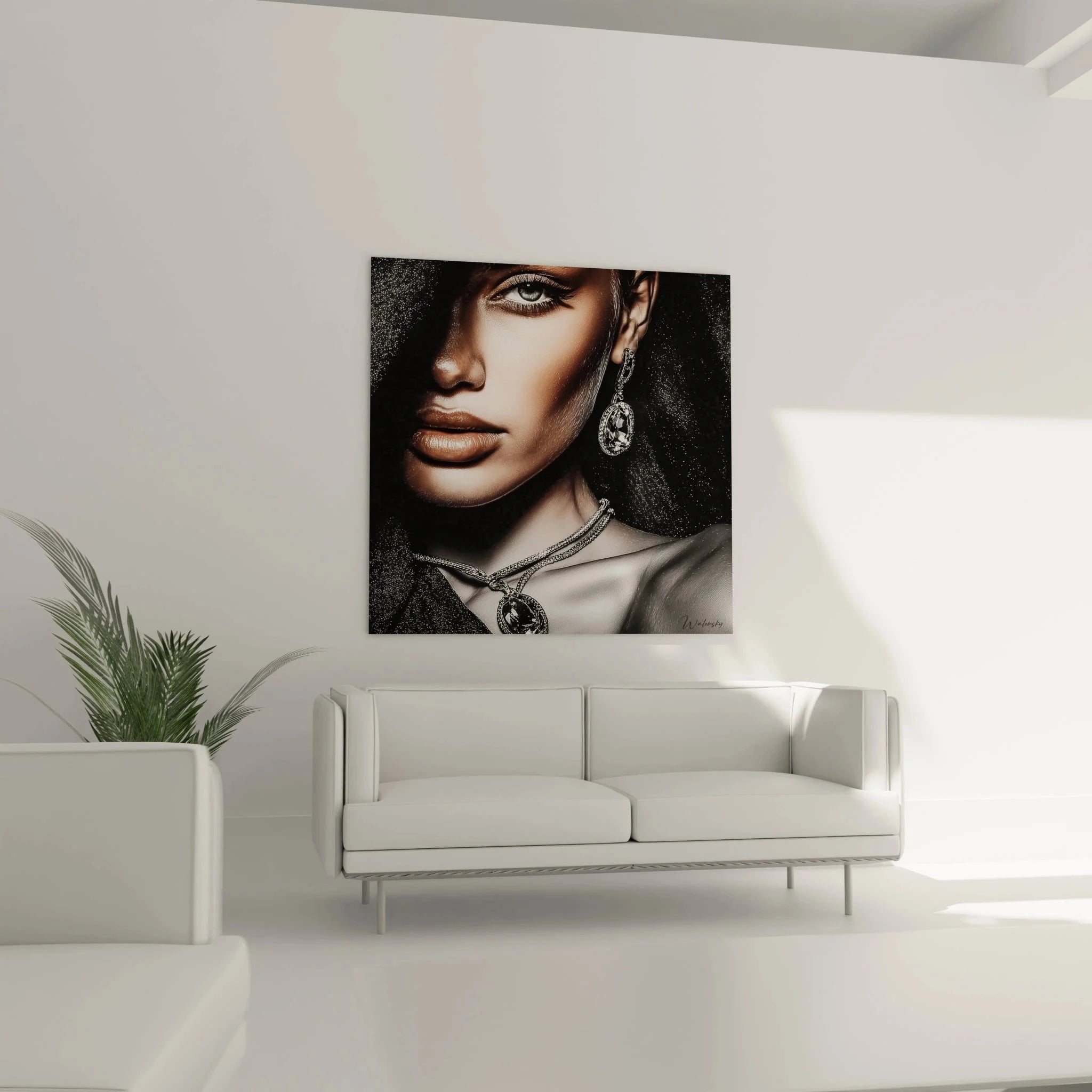 Detailansicht Leinwandbild elegantes Frauengesicht mit glitzernden Diamant-Ohrringen und Halskette