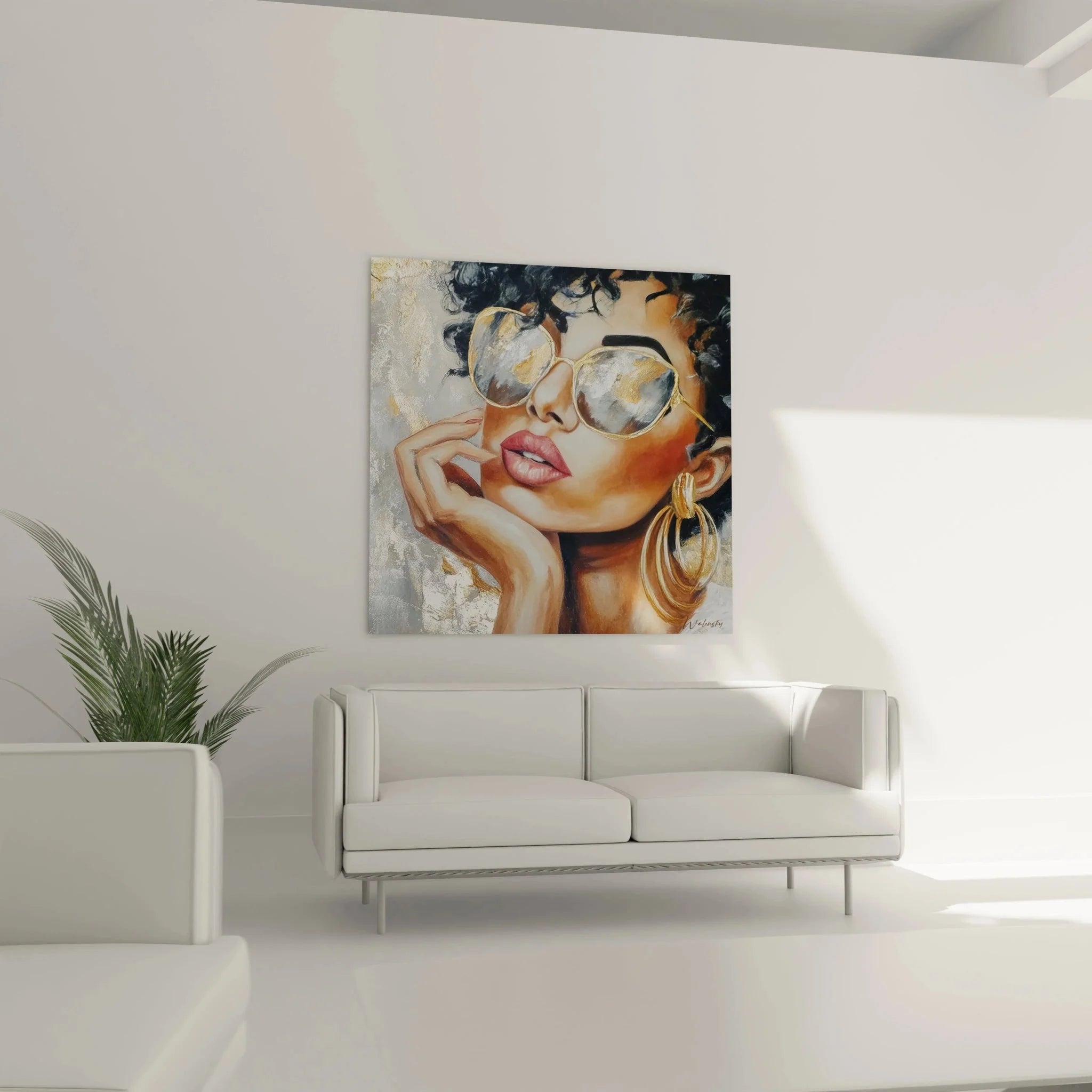 Detailaufnahme Leinwandbild glamouröse Frau, goldene Sonnenbrille und rosé Lippen, Fashion Portrait Kunst