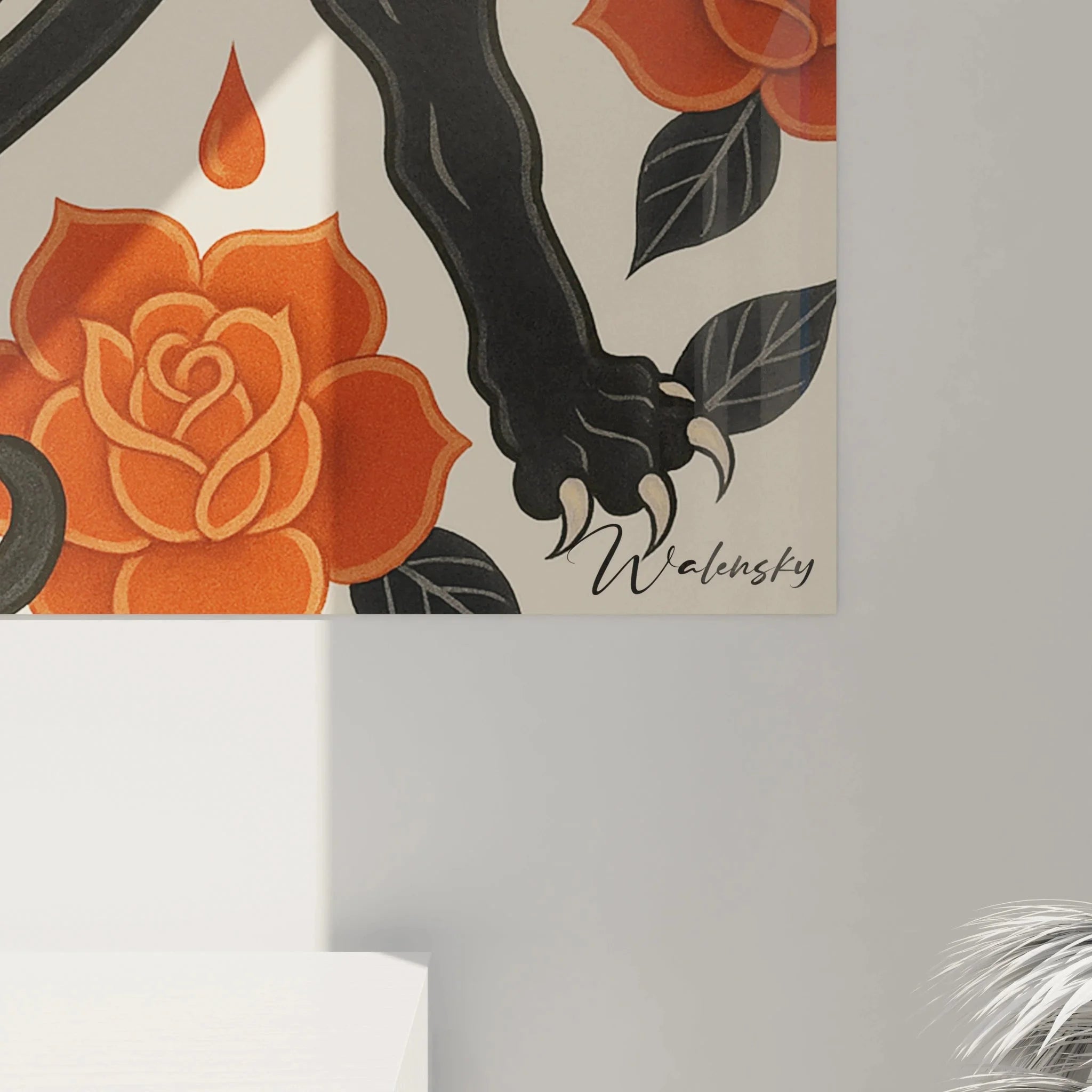 Gesamtansicht Wandbild Panther mit Rosen als moderne Leinwand Kunstdruck