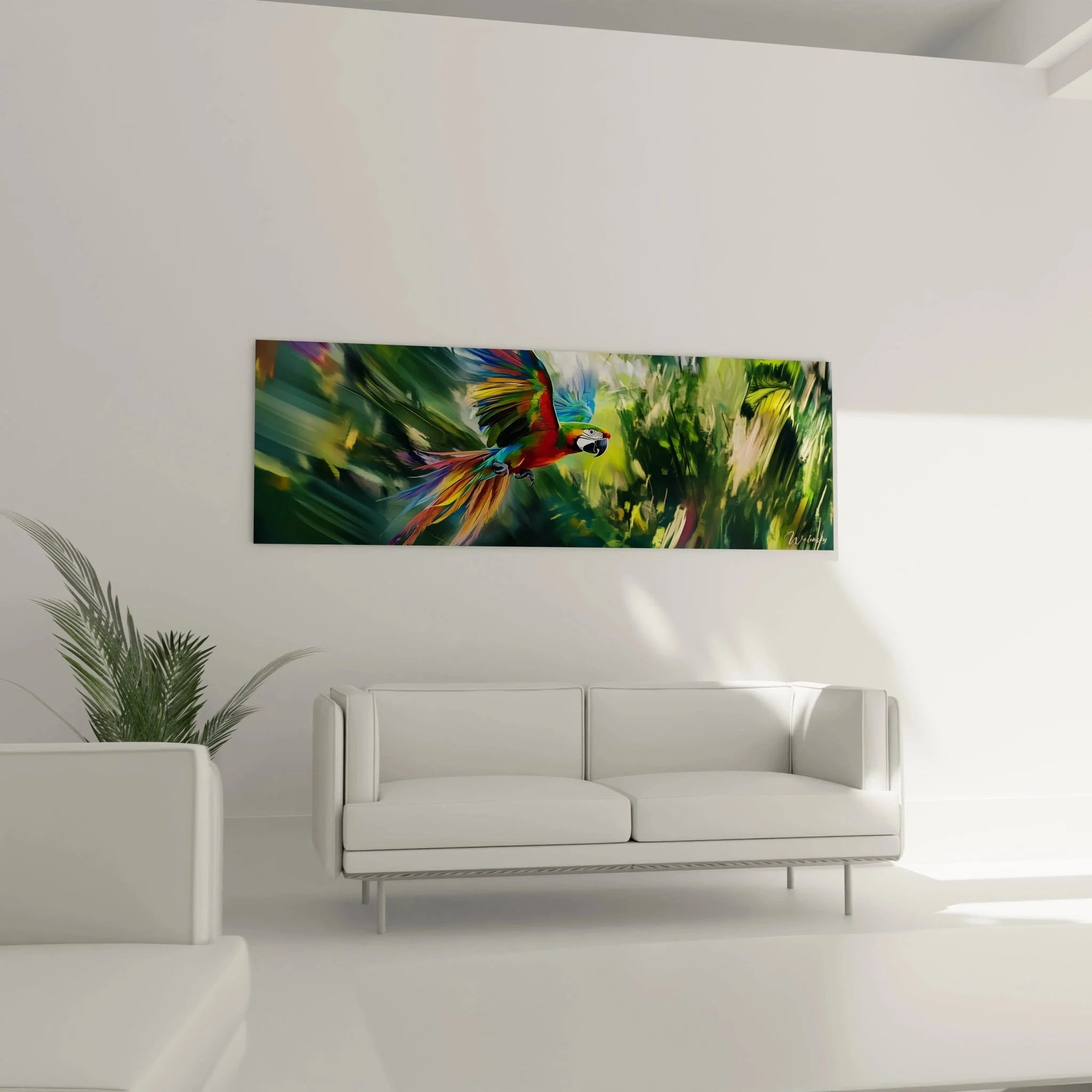 Papagei Leinwandbild Nahaufnahme - Detailansicht der leuchtenden Federfarben des fliegenden Aras