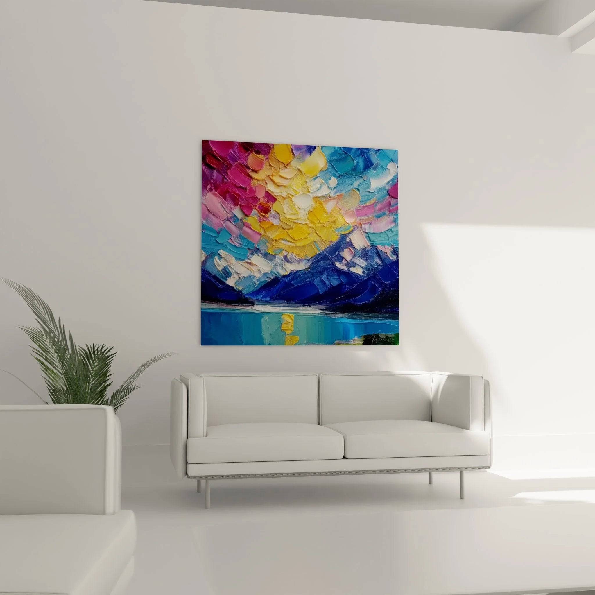 Nahaufnahme Leinwandbild See mit Impasto-Technik, dicke Farbschichten in Violett, Gelb und Blau